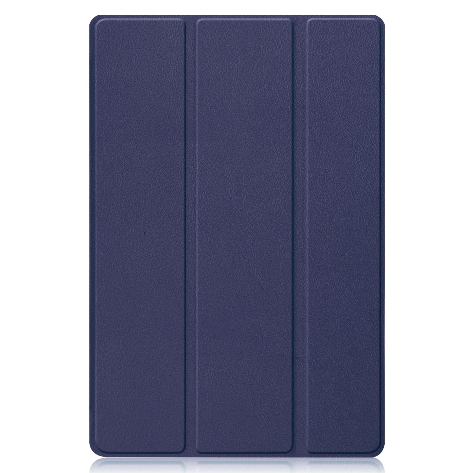 Blaue Tablet-Hülle aus Leder mit drei Faltpaneelen.