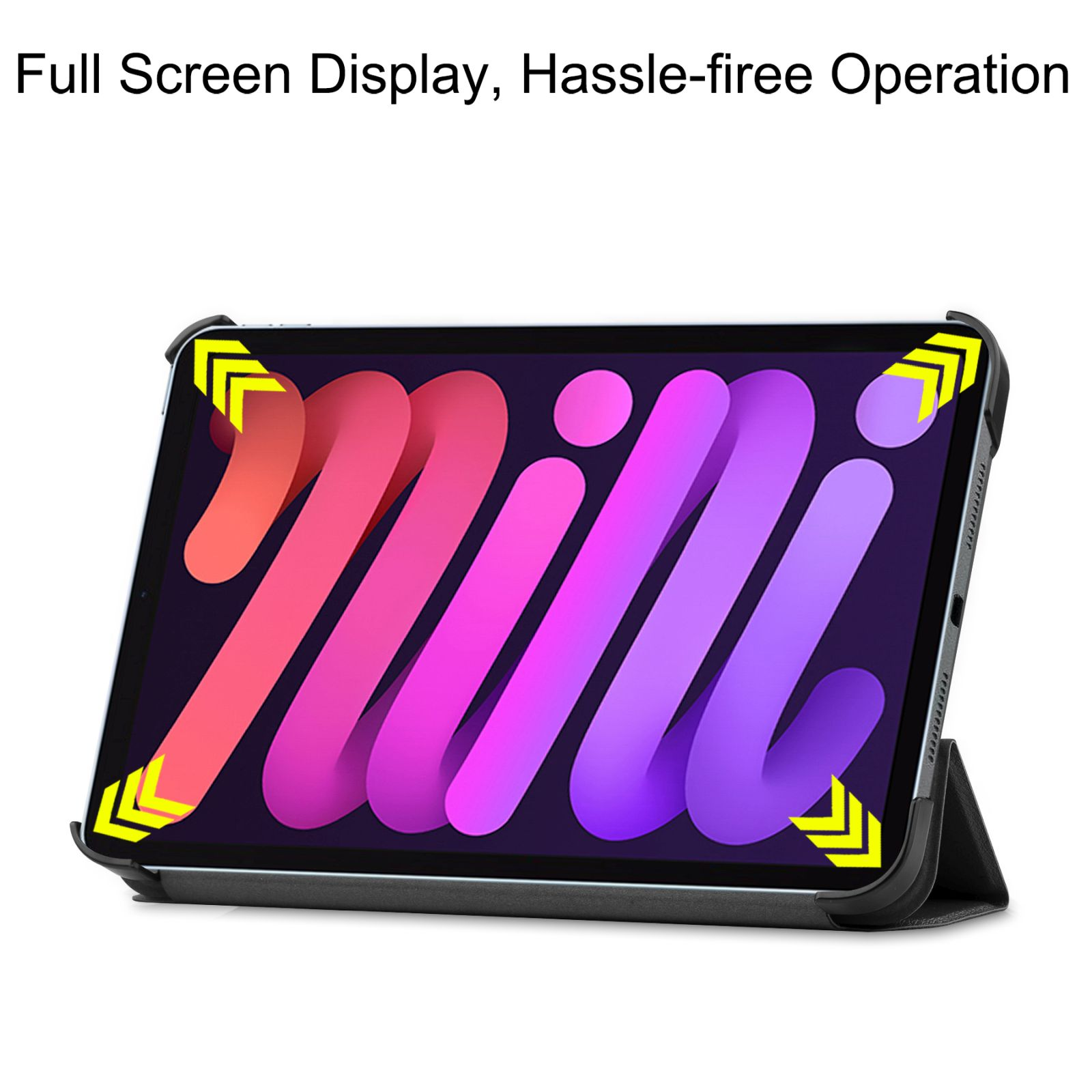 Tablet in einer schwarzen Hülle mit gelben Pfeilen an den Rändern. Weißer Hintergrund.