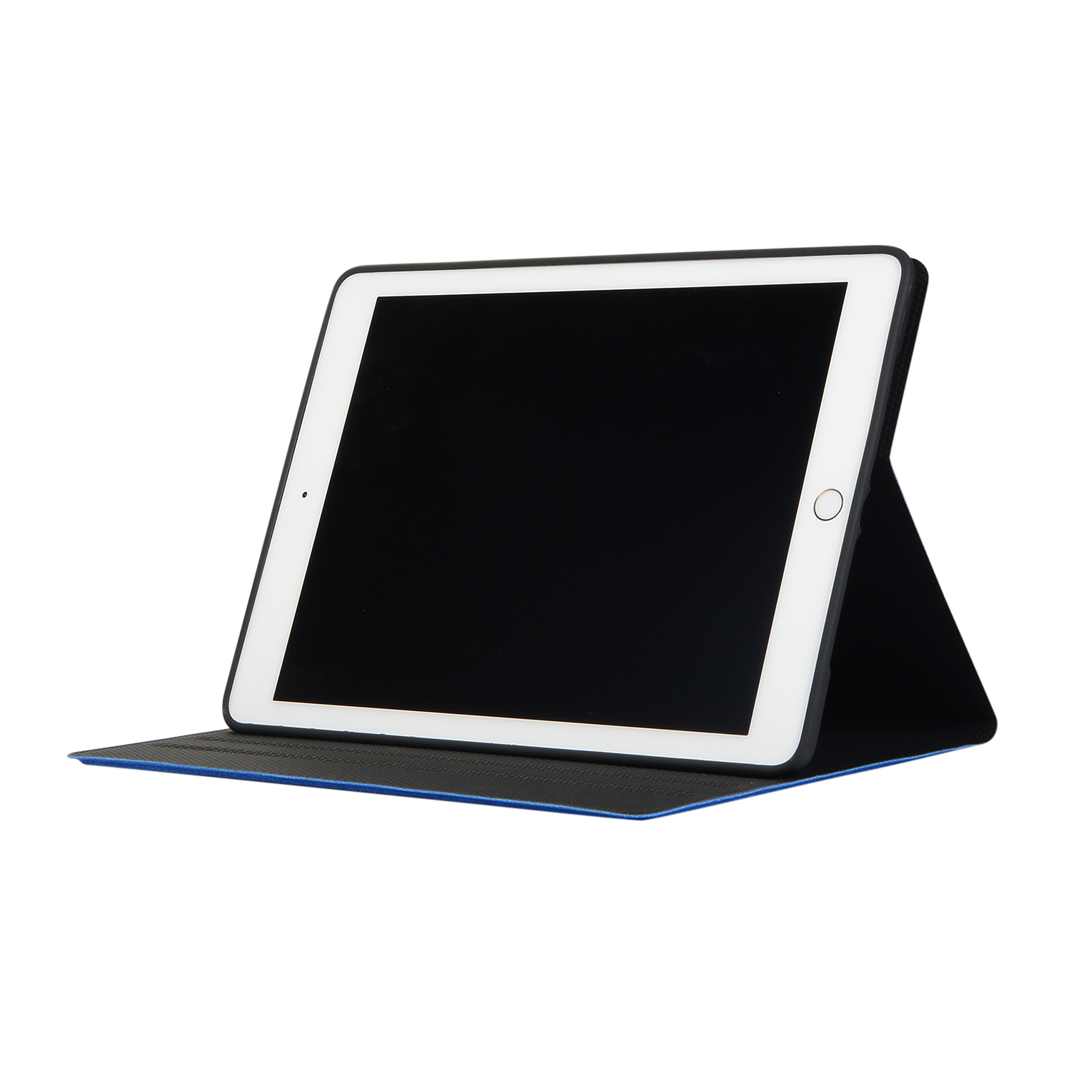 Tabletbildschirm, schwarz, in einer Hülle. Hülle ist offen, blaue Unterseite. Das Tablet ist angewinkelt.