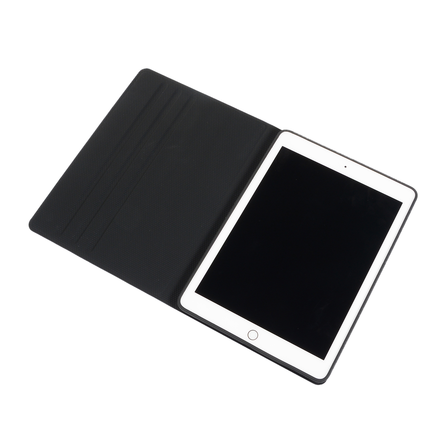 Schwarzes Tablet in einer offenen, schwarzen Hülle. Der Bildschirm zeigt eine weiße Fläche.