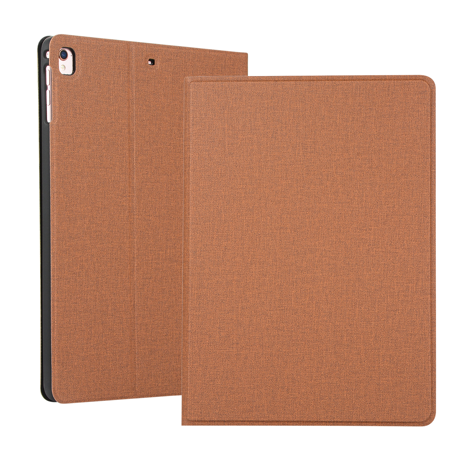 Eine braune Tablethülle und ein Tablet. Die Hülle ist offen und zeigt den Tablet-Bildschirm. Beide braun.