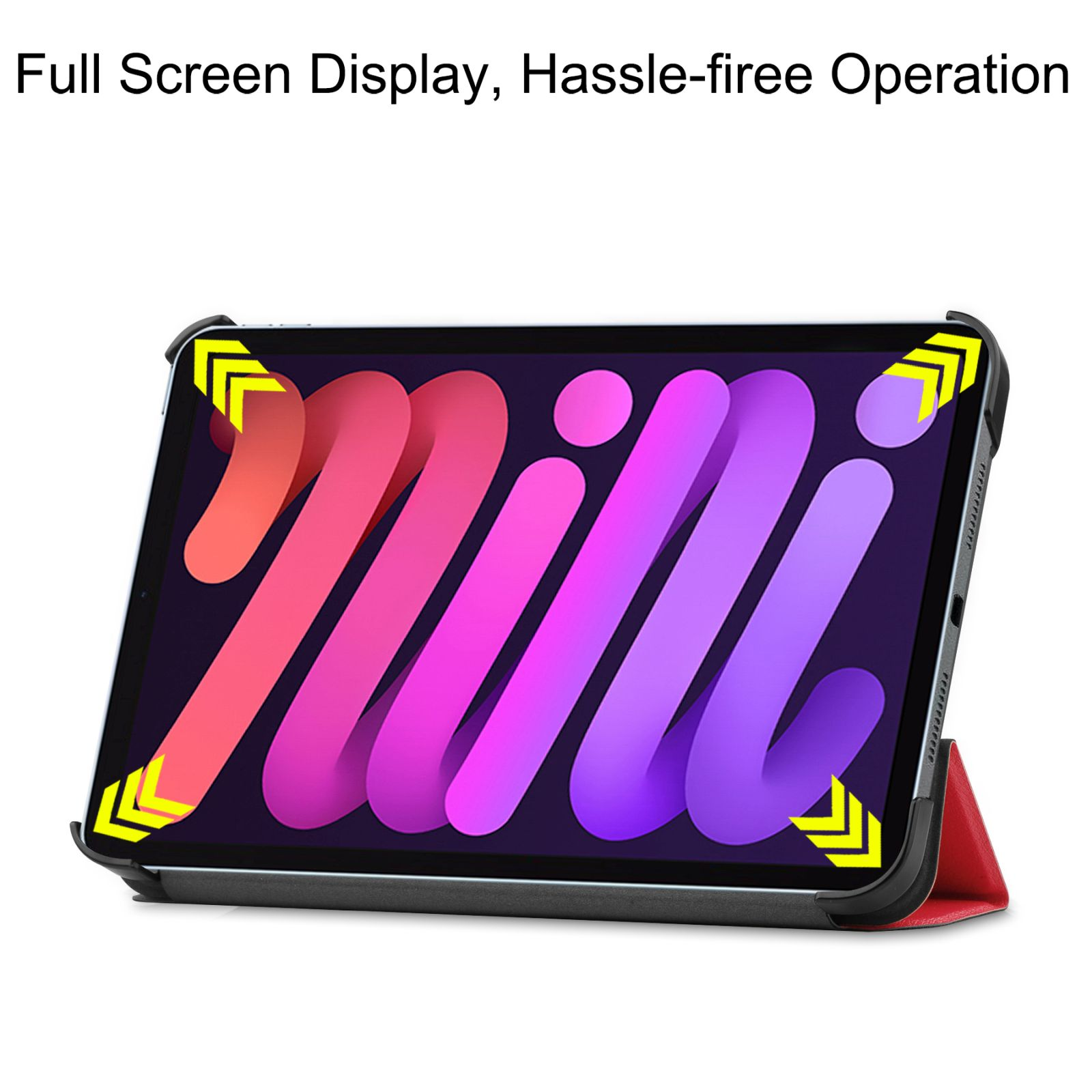 Tablethülle mit Tablet im Inneren. Das Tablet ist eingeschaltet und zeigt den Bildschirm. Schwarz und rot.