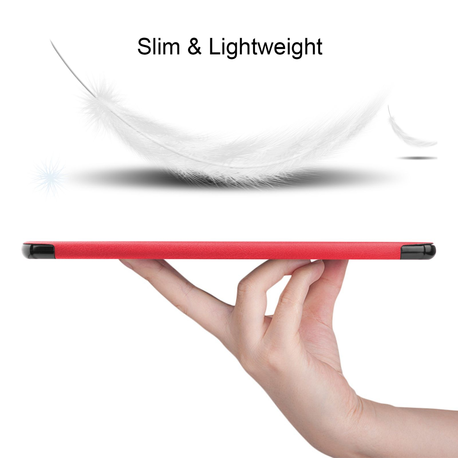 Ein rotes Tablet, das von einer Hand gehalten wird, mit einer Feder im Vordergrund.