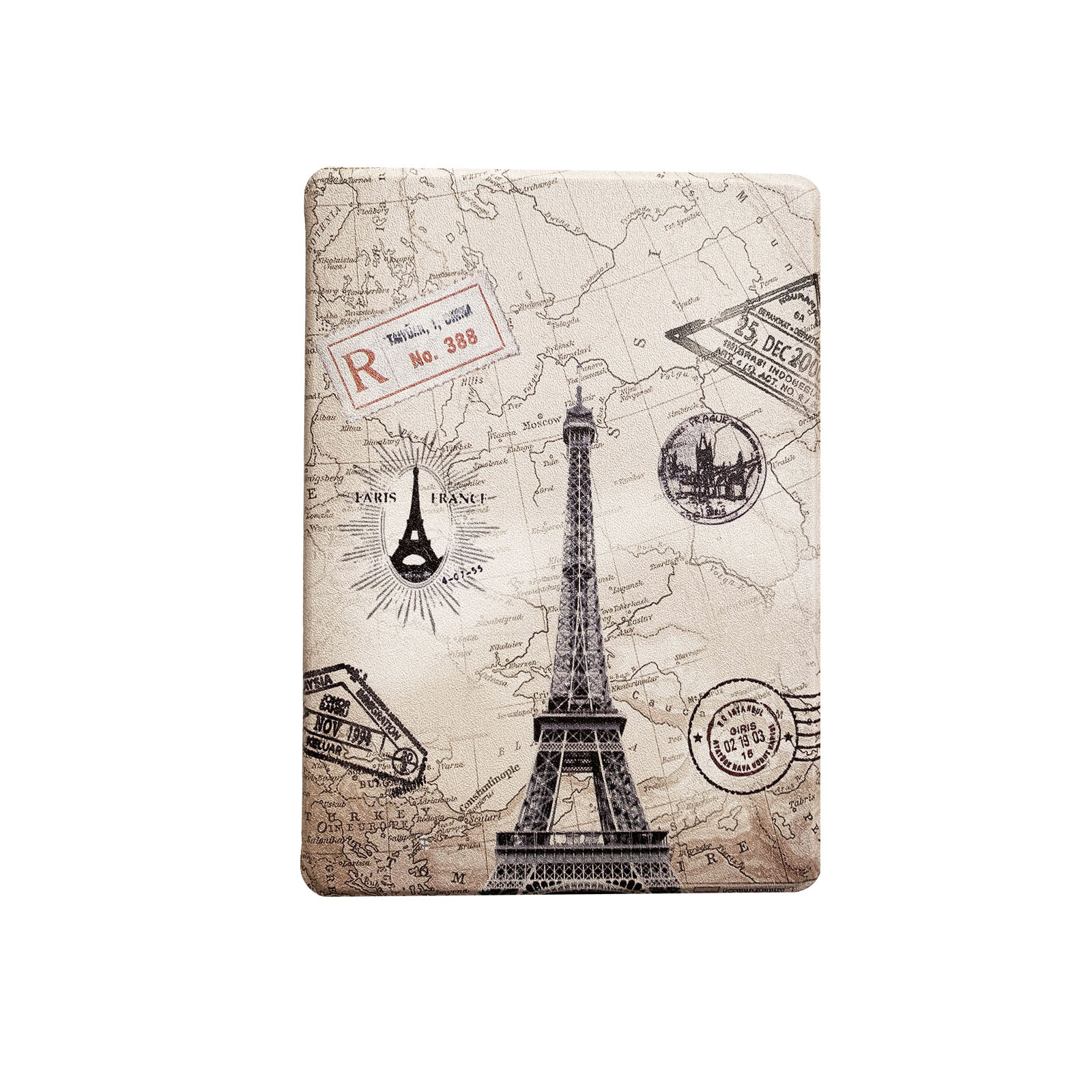 E-Reader-Hülle mit Paris-Motiv, Eiffelturm und Stempeln auf Weltkartenhintergrund.