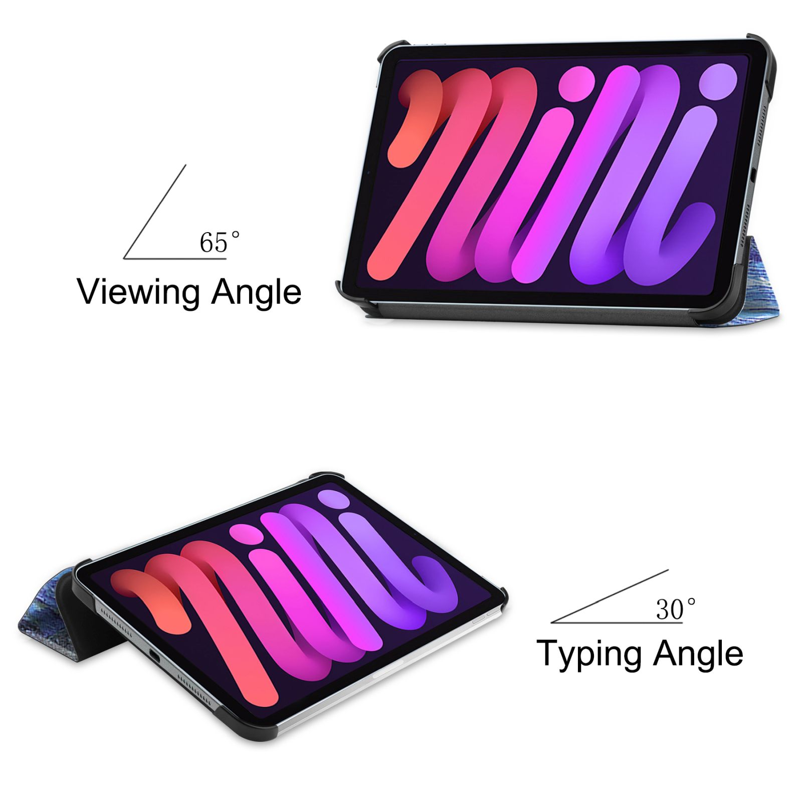 Ein Tablet in einer Hülle, das Betrachtungs- und Tippwinkel zeigt. Die Hülle ist blau mit Muster.