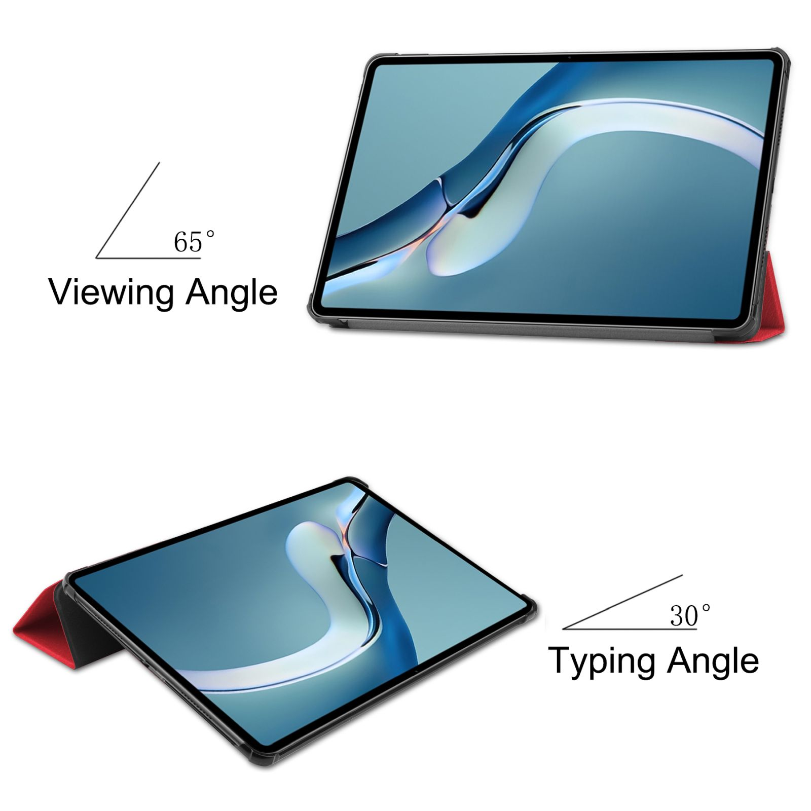 Zwei Tablets in Hüllen. Eines zeigt einen Schreibwinkel, das andere einen Betrachtungswinkel. Beide haben eine rote Rückseite.