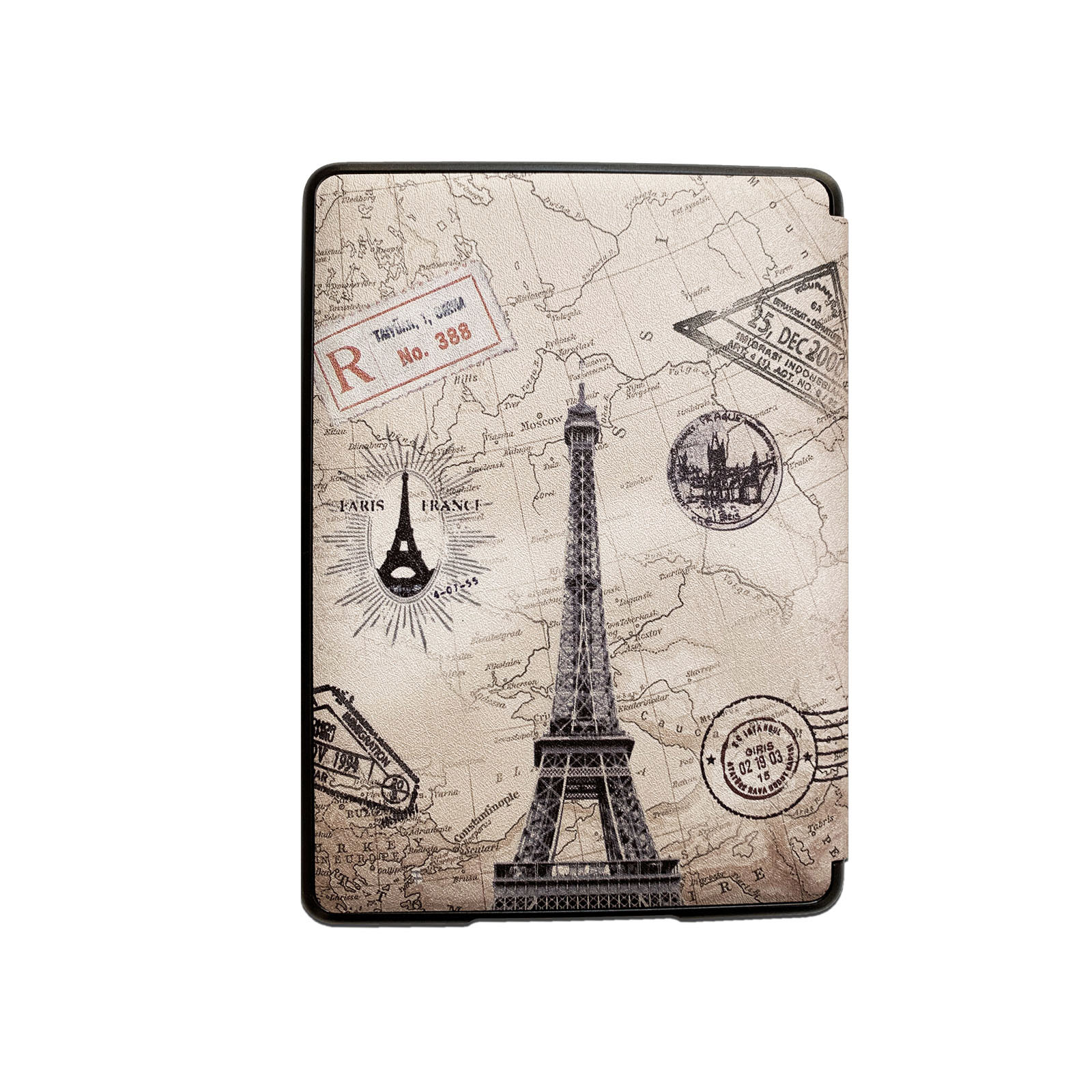 E-Reader-Hülle mit Eiffelturm-Design und Vintage-Kartendetails auf weißem Hintergrund.