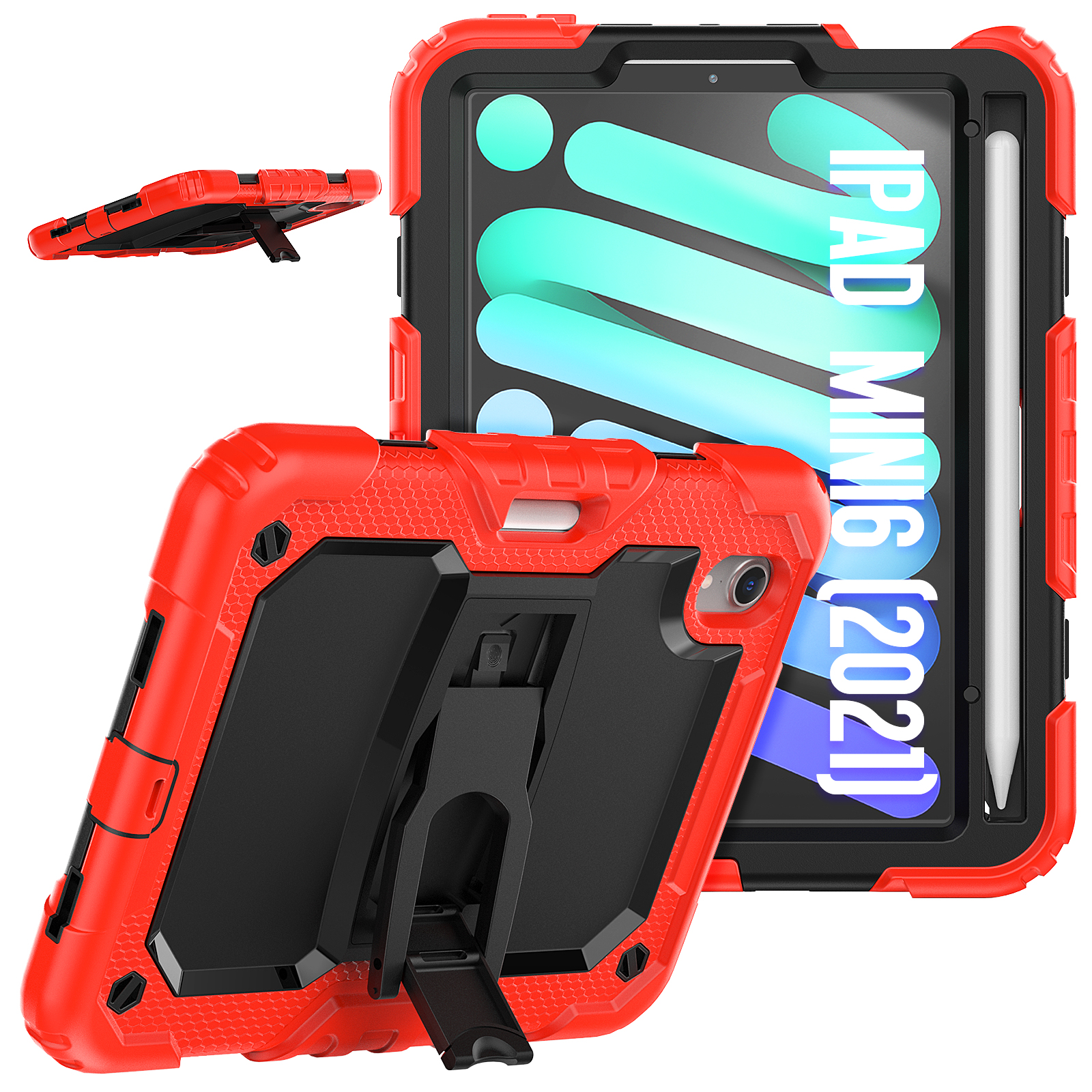 Rote und schwarze iPad Mini (2021) Hülle mit Ständer und Stifthalter. Robustes Design.