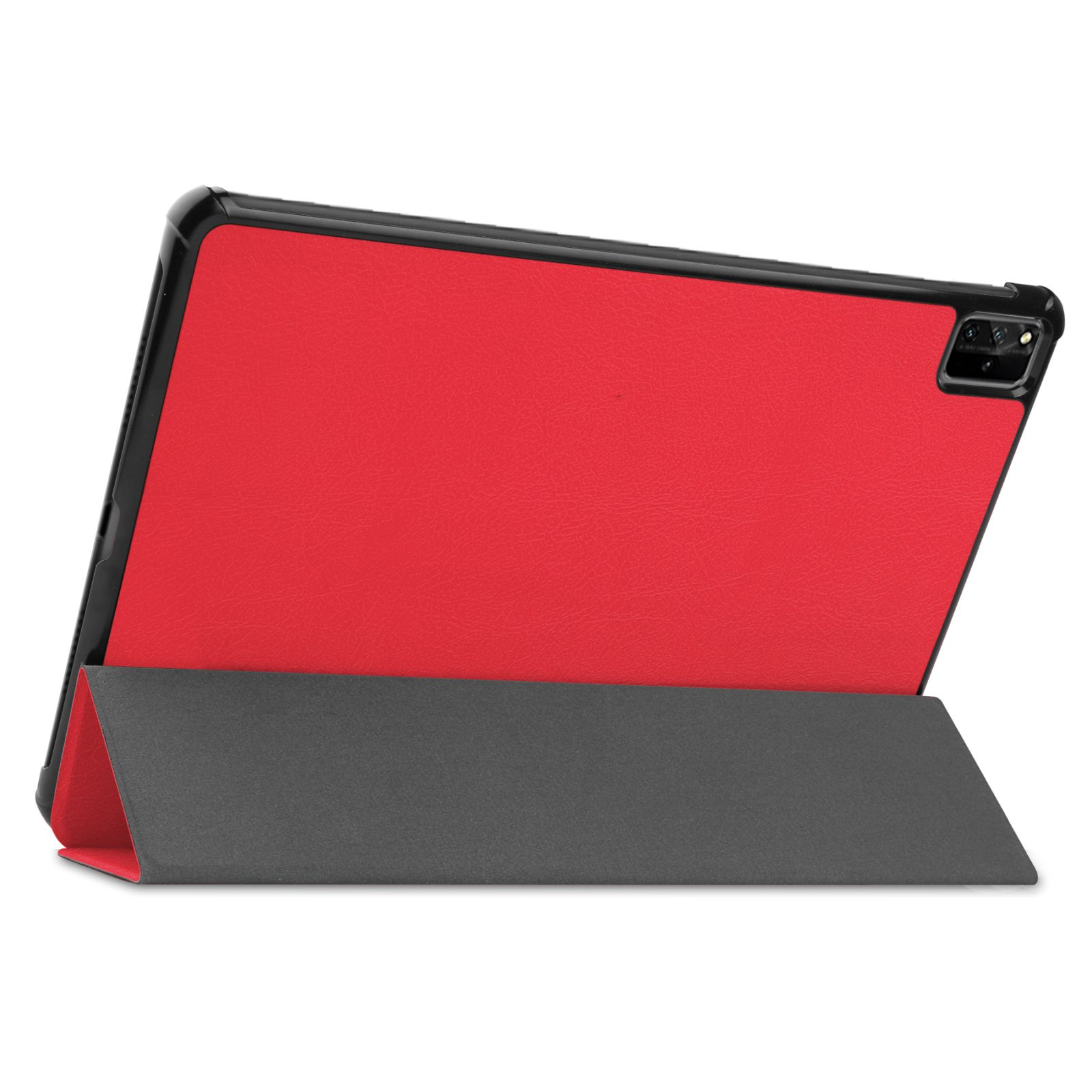 Rote Tablet-Hülle mit schwarzem Rand, aufgestellt. Hintergrund: graue Oberfläche und schwarzes Tablet.