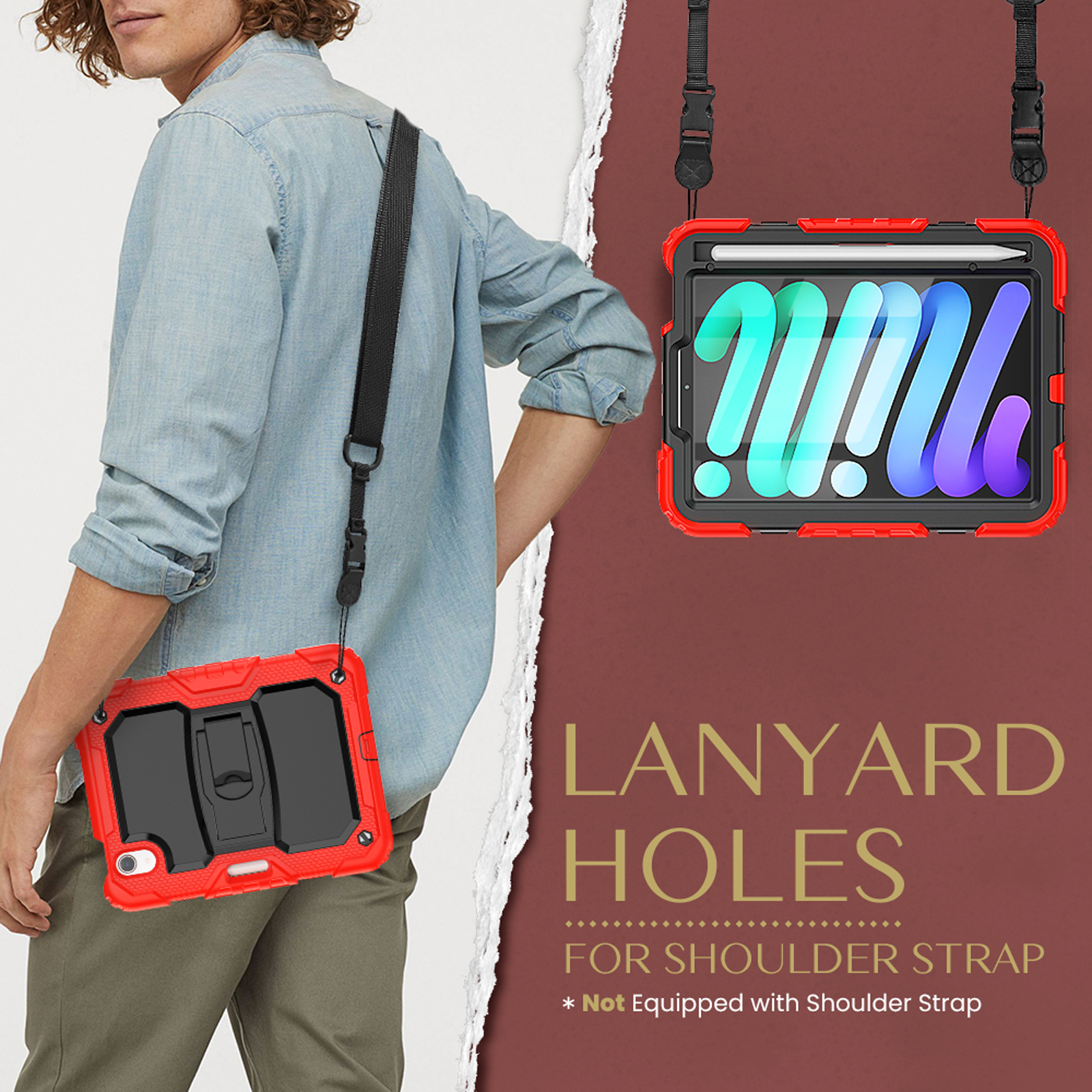 Mann mit Tablet in roter Hülle mit Umhängeband. Text: 'Lanyard Holes For Shoulder Strap'.