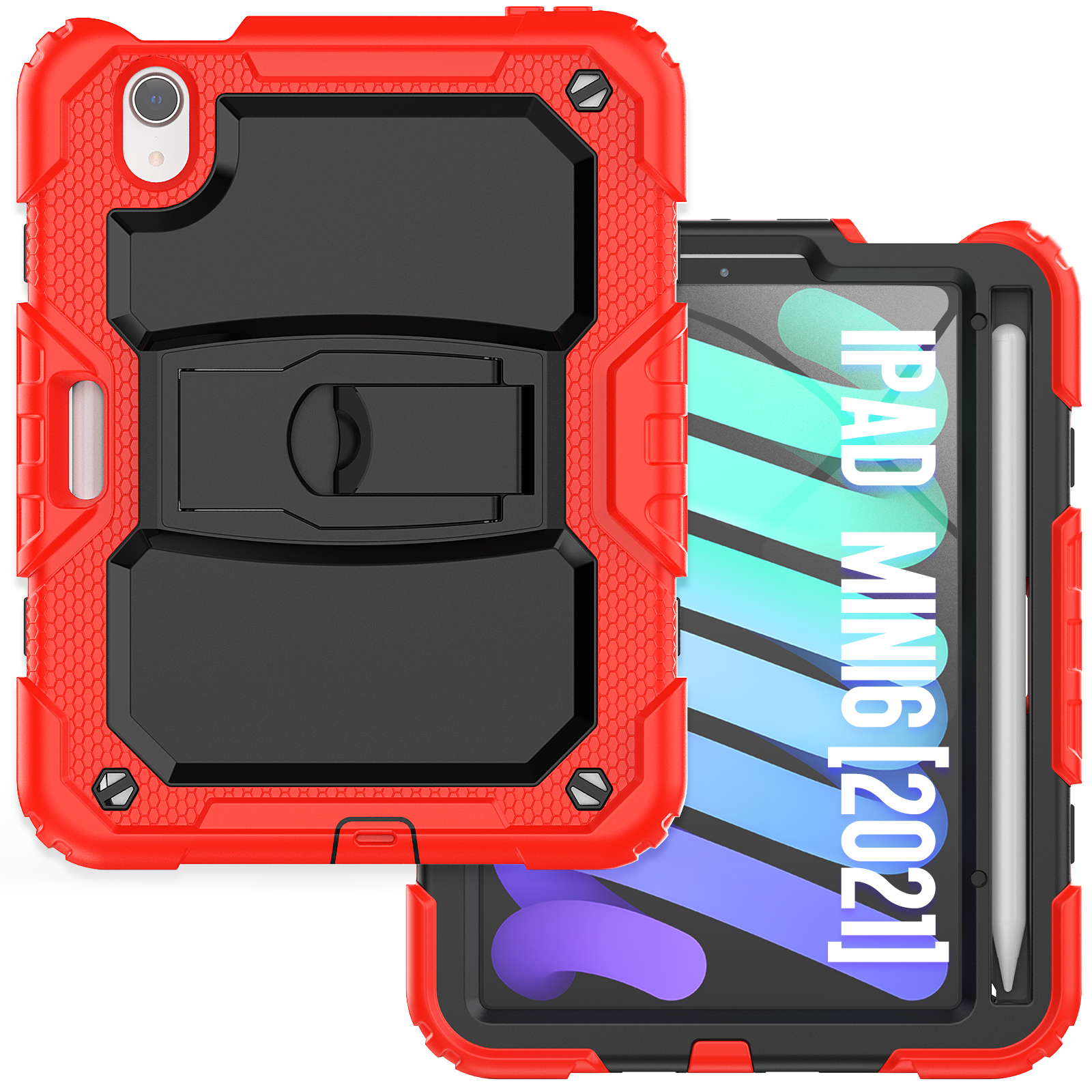 Eine rot-schwarze Tablethülle mit Ständer. Auf dem Bildschirm steht iPad Mini 6 2021.