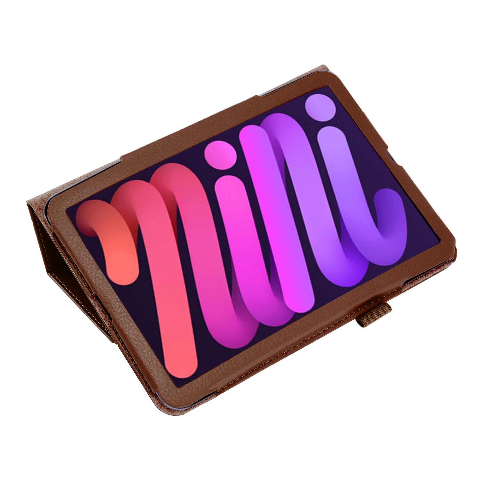 Tablet in brauner Hülle. Bildschirm zeigt Mini-Logo mit Farbverlauf. Die Hülle hat einen Ständer.