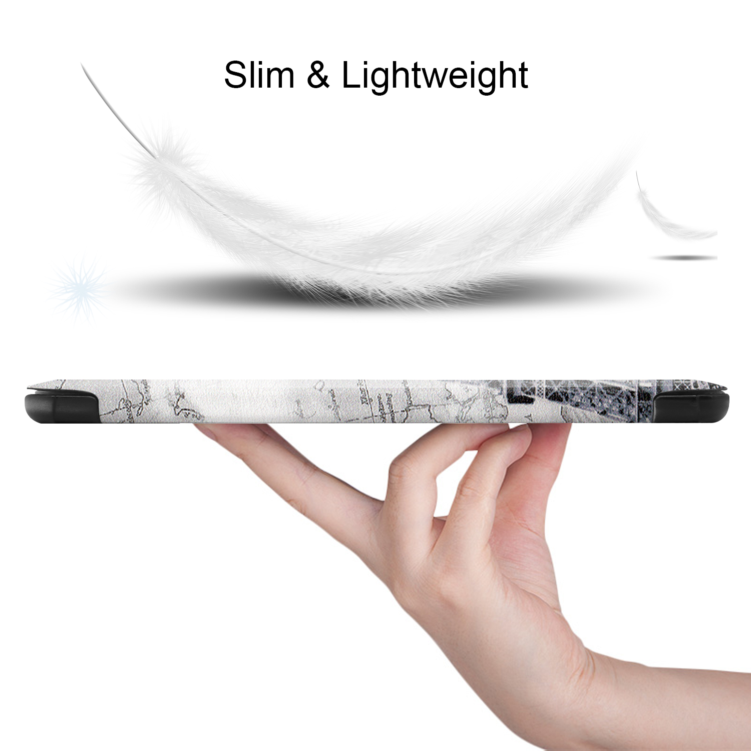 Eine Hand, die ein Tablet hält. Eine Feder liegt auf dem Tablet und hat ein schlankes und leichtes Design.