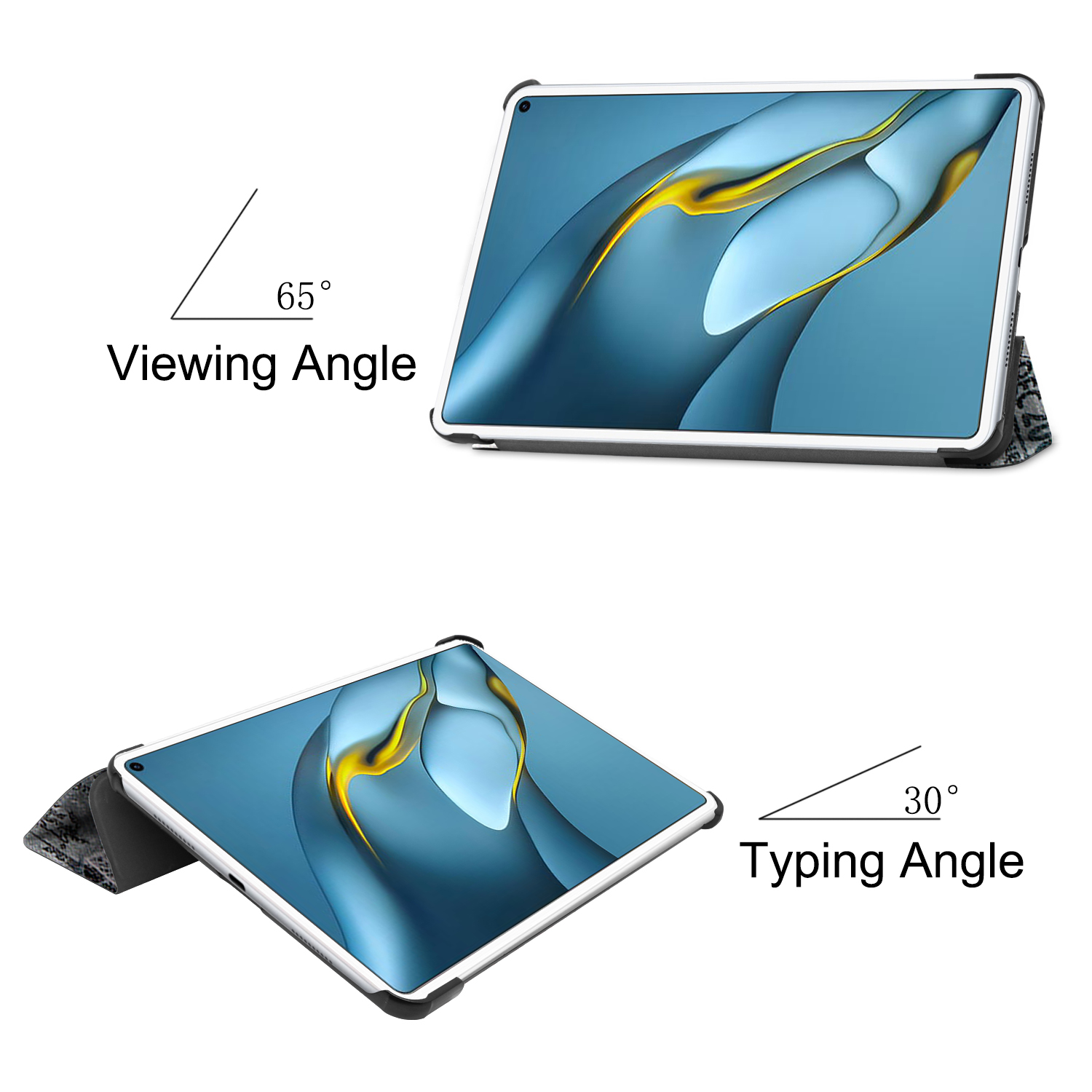 Tablet-Hülle mit Betrachtungs- und Tippwinkeln. Das Tablet hat einen blau-gelben Bildschirm.