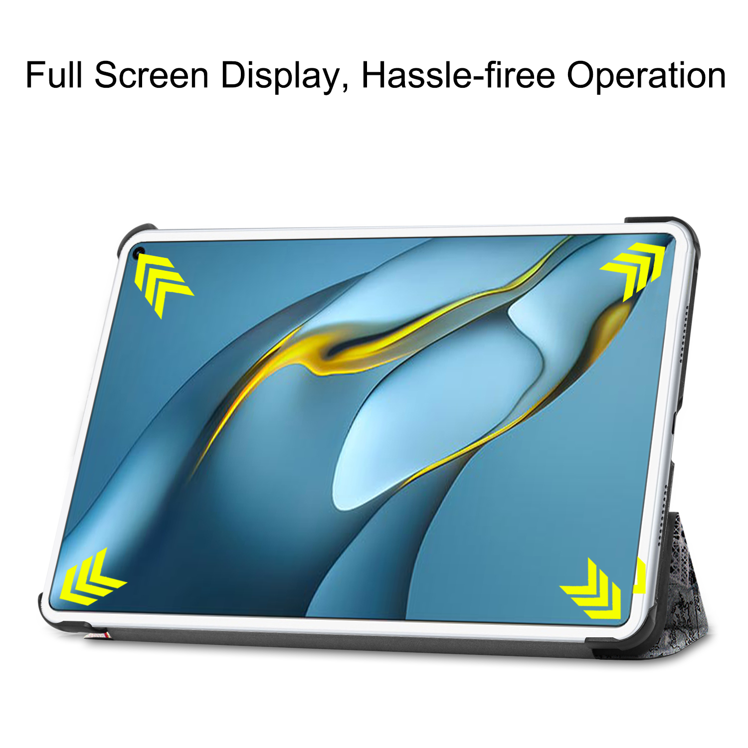 Tablet in einem Gehäuse, offen, zeigt Bildschirm mit blauem Hintergrund und Pfeilen.
