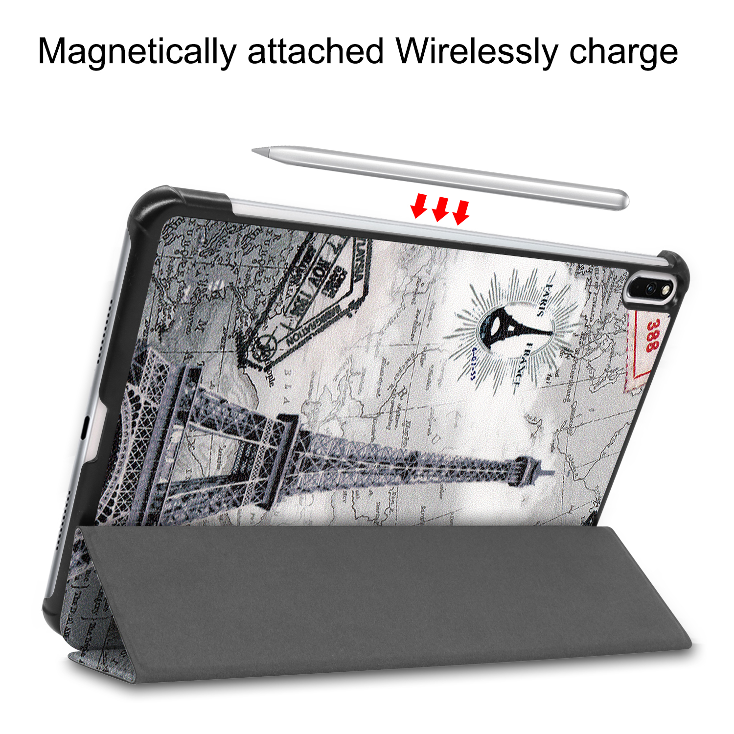 Tablet mit Eiffelturm-Design, das drahtlos mit einem Stift aufgeladen wird.