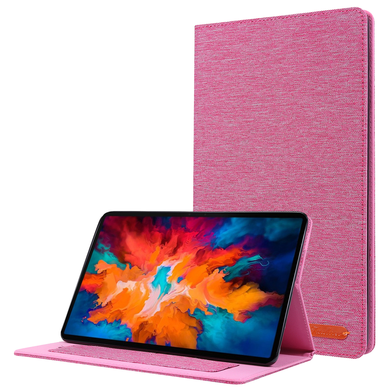 Tablet mit rosa Hülle und Ständer, zeigt Tablet-Bildschirm mit Kunstdesign.