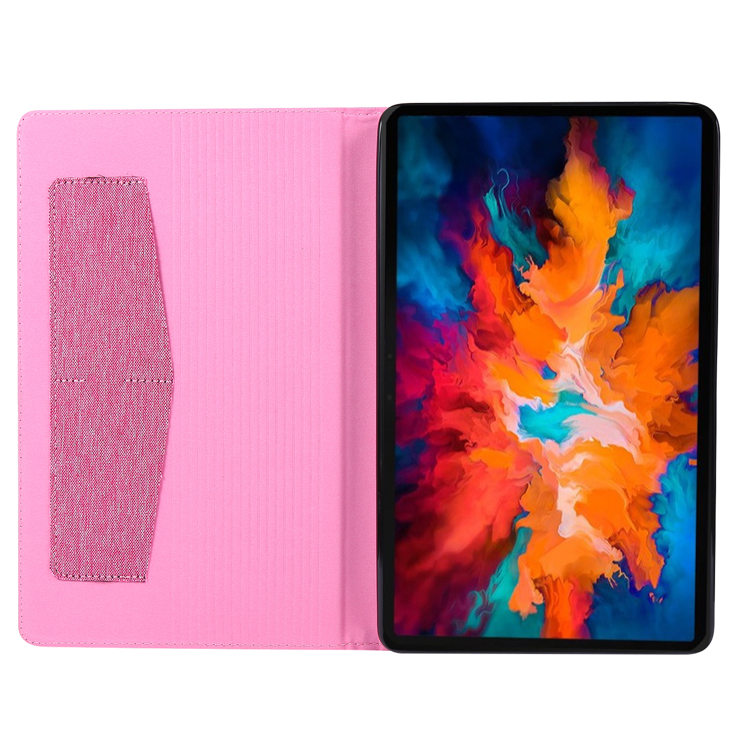 Rosa Tablethülle, offen, mit Tablet, das ein farbenfrohes abstraktes Bild zeigt.