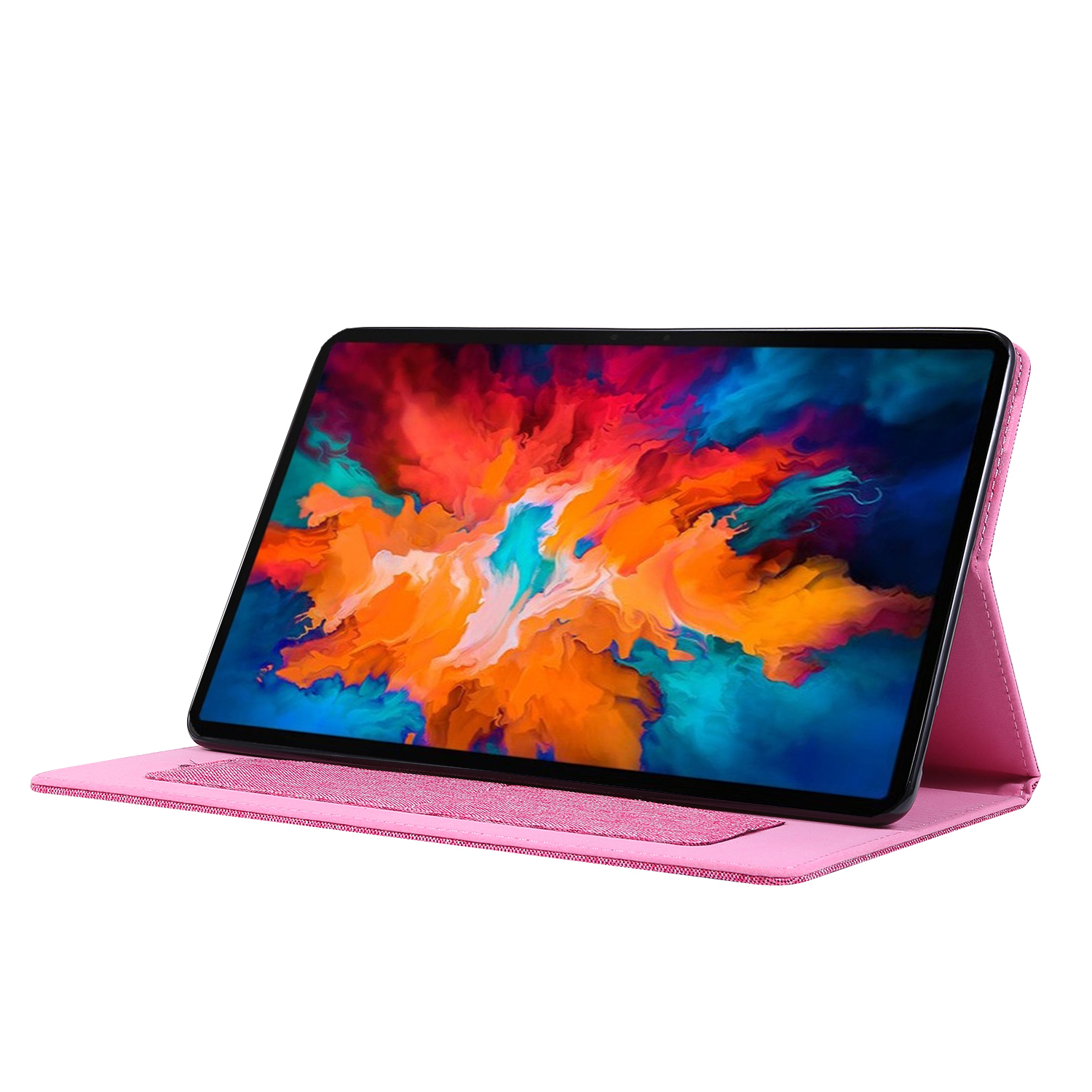 Rosa Tablet mit rosa Hülle, geöffnet und in einem Winkel positioniert, der den Bildschirm zeigt.