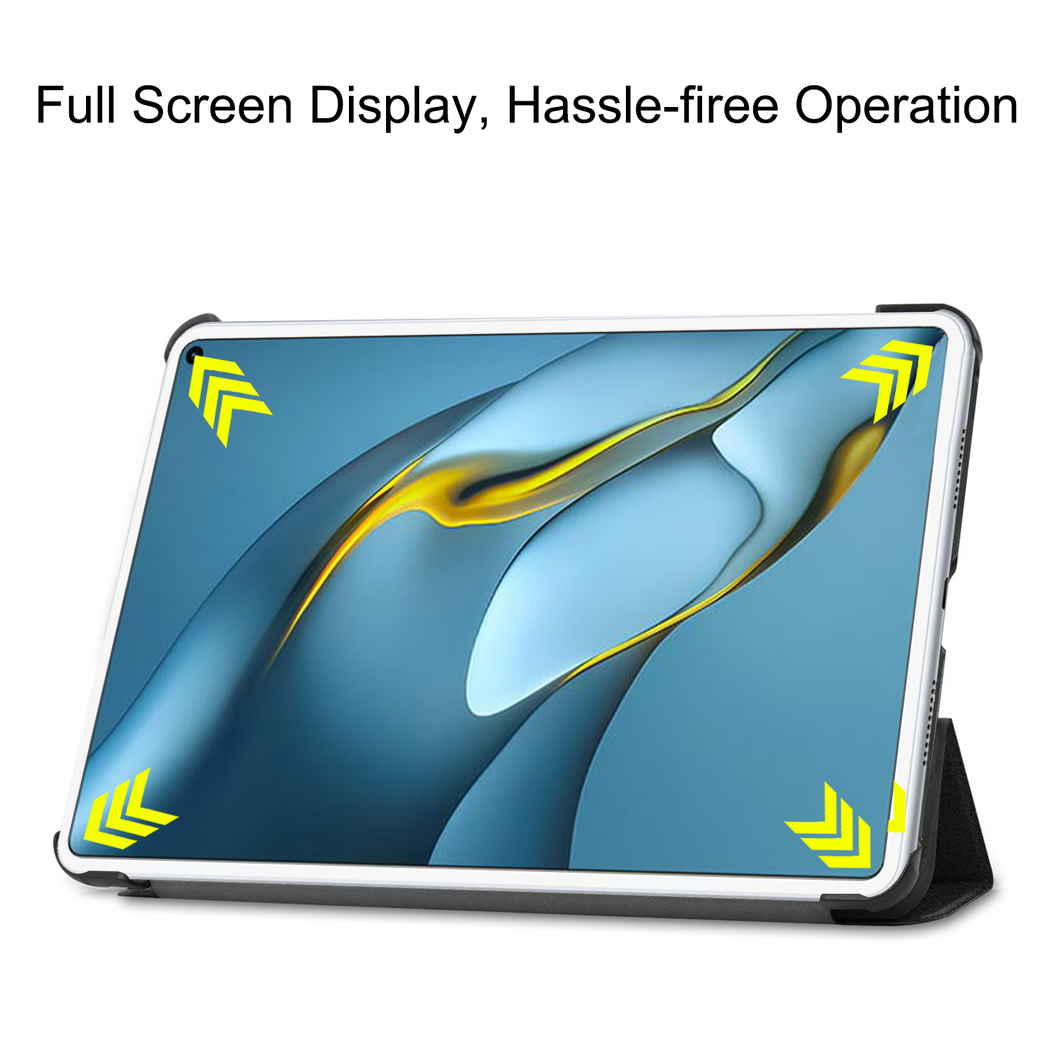Ein Tablet in einer weißen Hülle mit Vollbildanzeige und gelben Pfeilen auf dem Bildschirm.