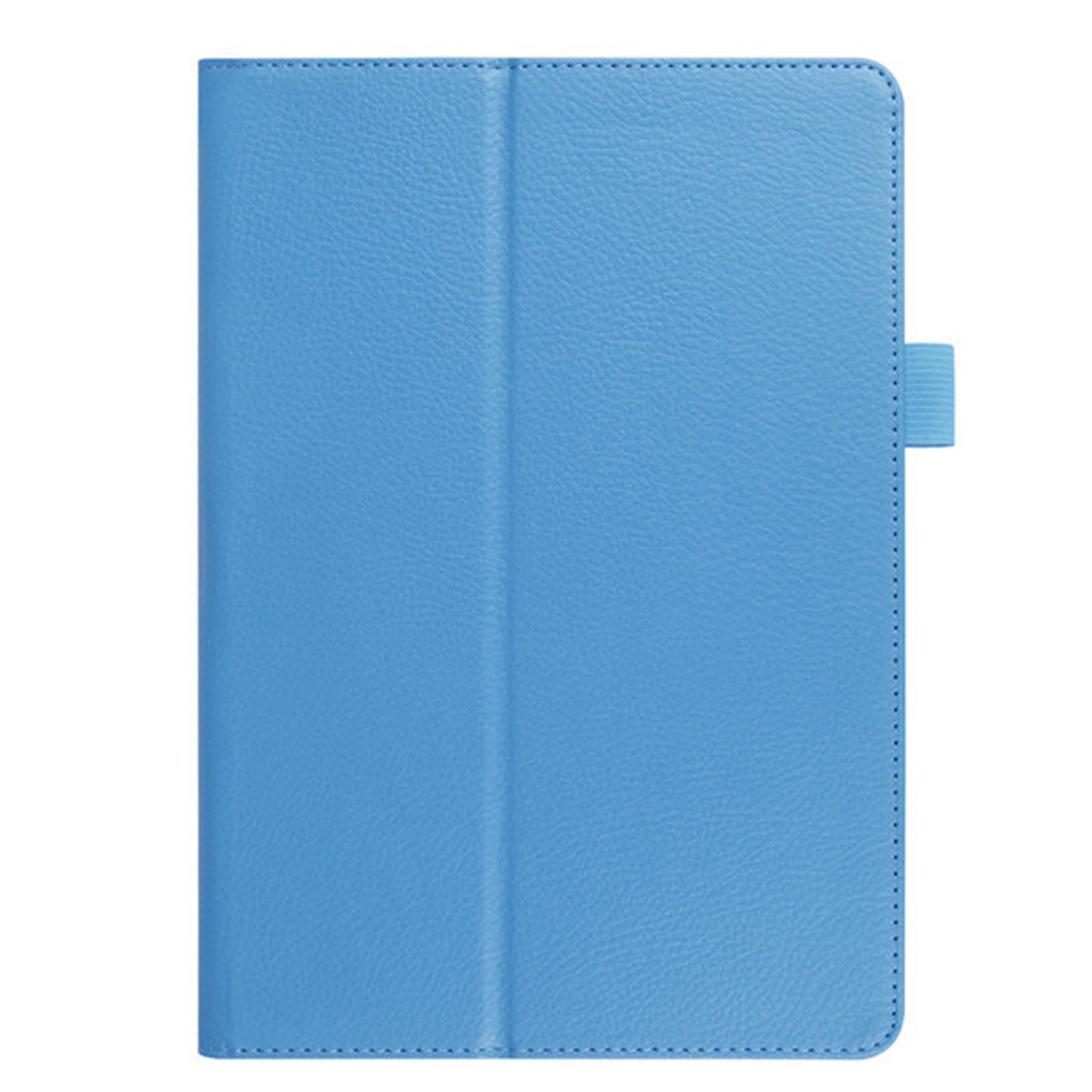 Hellblaue Tablethülle in geschlossener Position. Die Hülle hat eine glatte Textur.