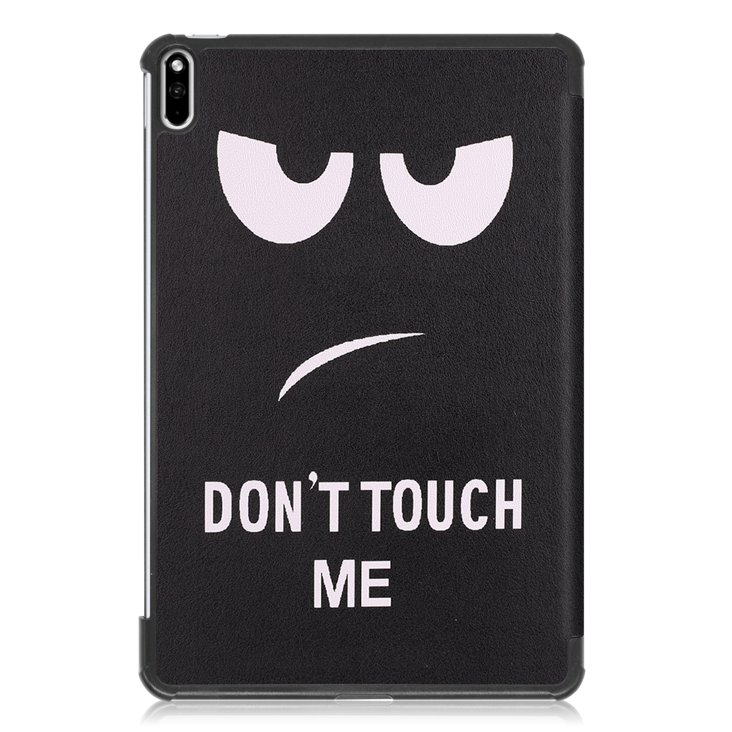 Schwarze Tablethülle mit einem missmutigen Gesicht und den Worten DON'T TOUCH ME.