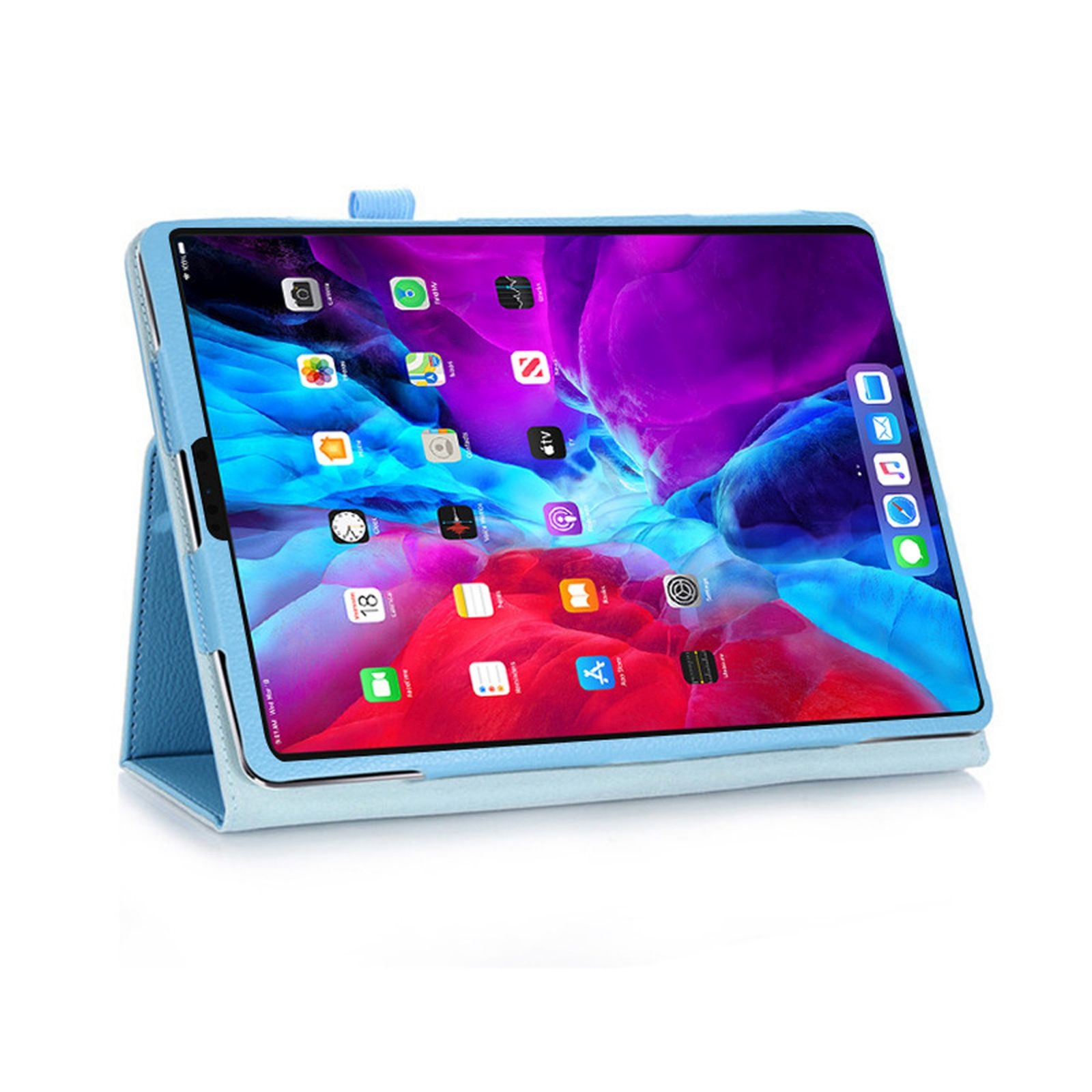 Hellblaue Tablet-Hülle mit einem Tablet darin, das aufrecht steht. Blaues Leder.