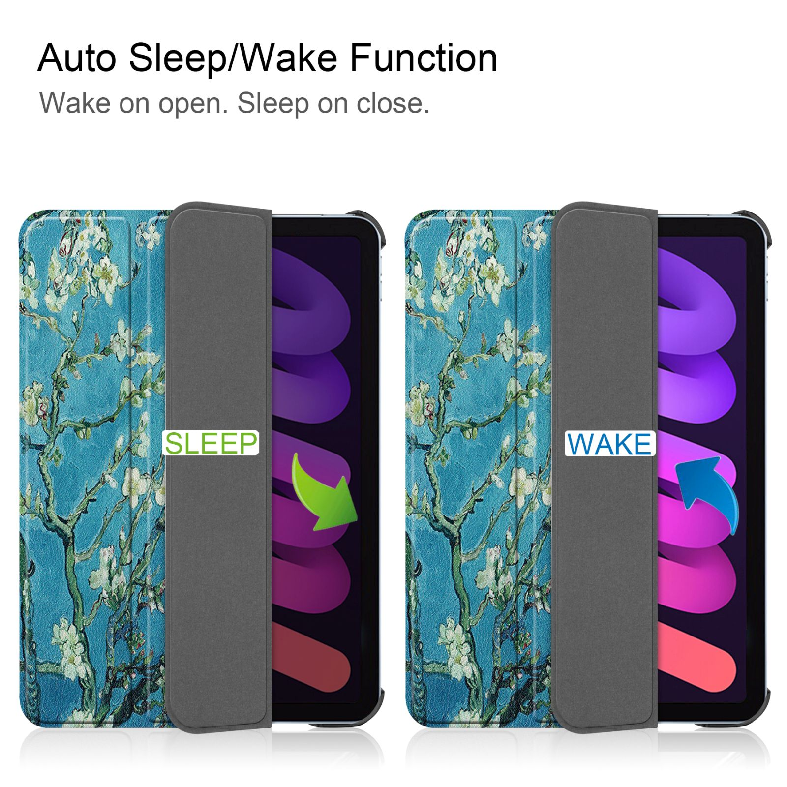 Zwei Tablets mit geöffneten Hüllen, die 'SLEEP' und 'WAKE' zeigen. Hintergrund hat Blumen.