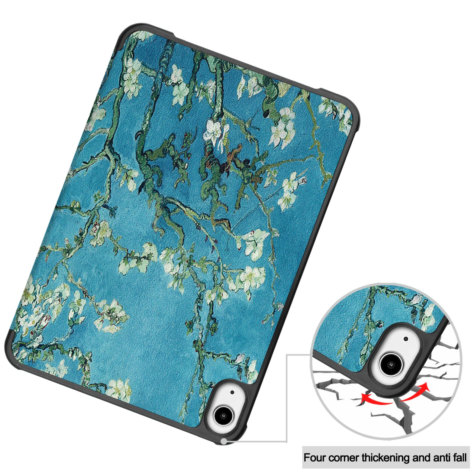 Tablet-Hülle mit Van Goghs Mandelblüten. Blauer Hintergrund und schwarzer Rahmen.