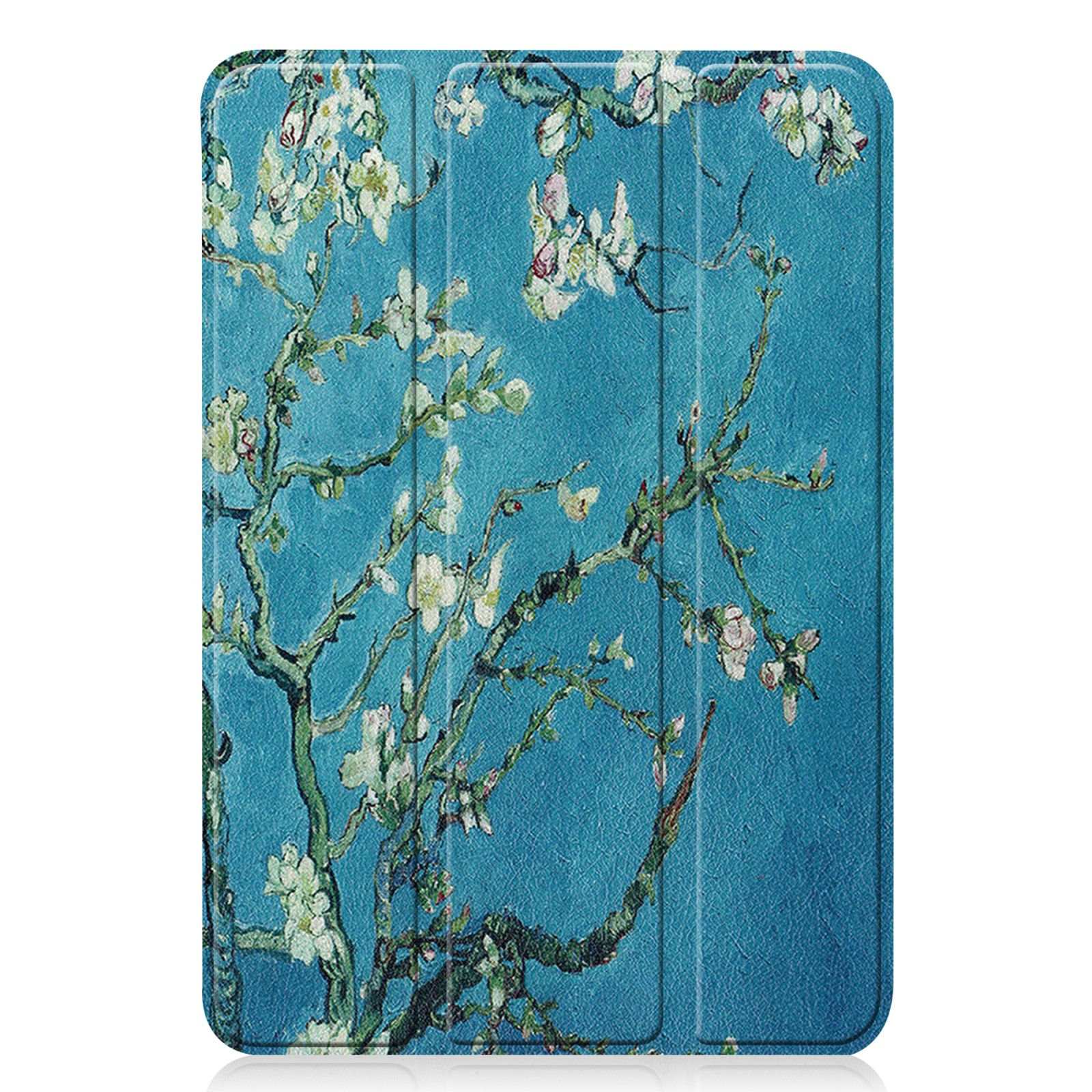 Tablet-Hülle mit Blumenkunst. Blauer Hintergrund. Hülle zeigt ein Gemälde weißer Blumen.