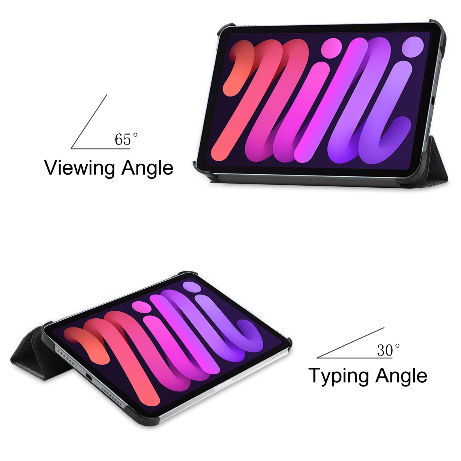 Tablet mit rosa und lila Design. Es hat eine Anzeige für Betrachtungs- und Tippwinkel.