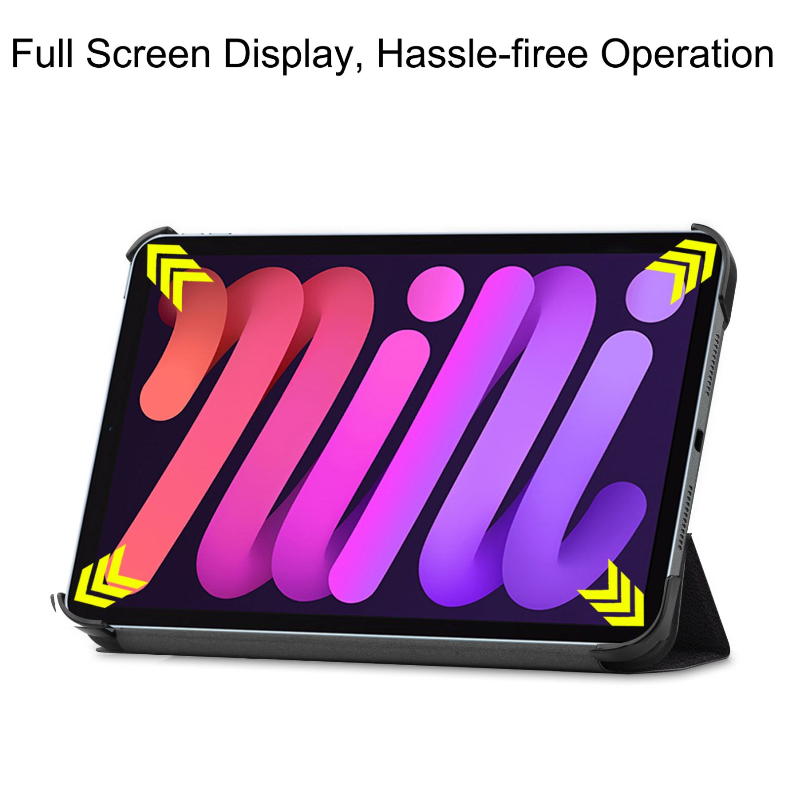 Ein Tablet mit farbenfrohem Bildschirm in einem schwarzen Gehäuse.