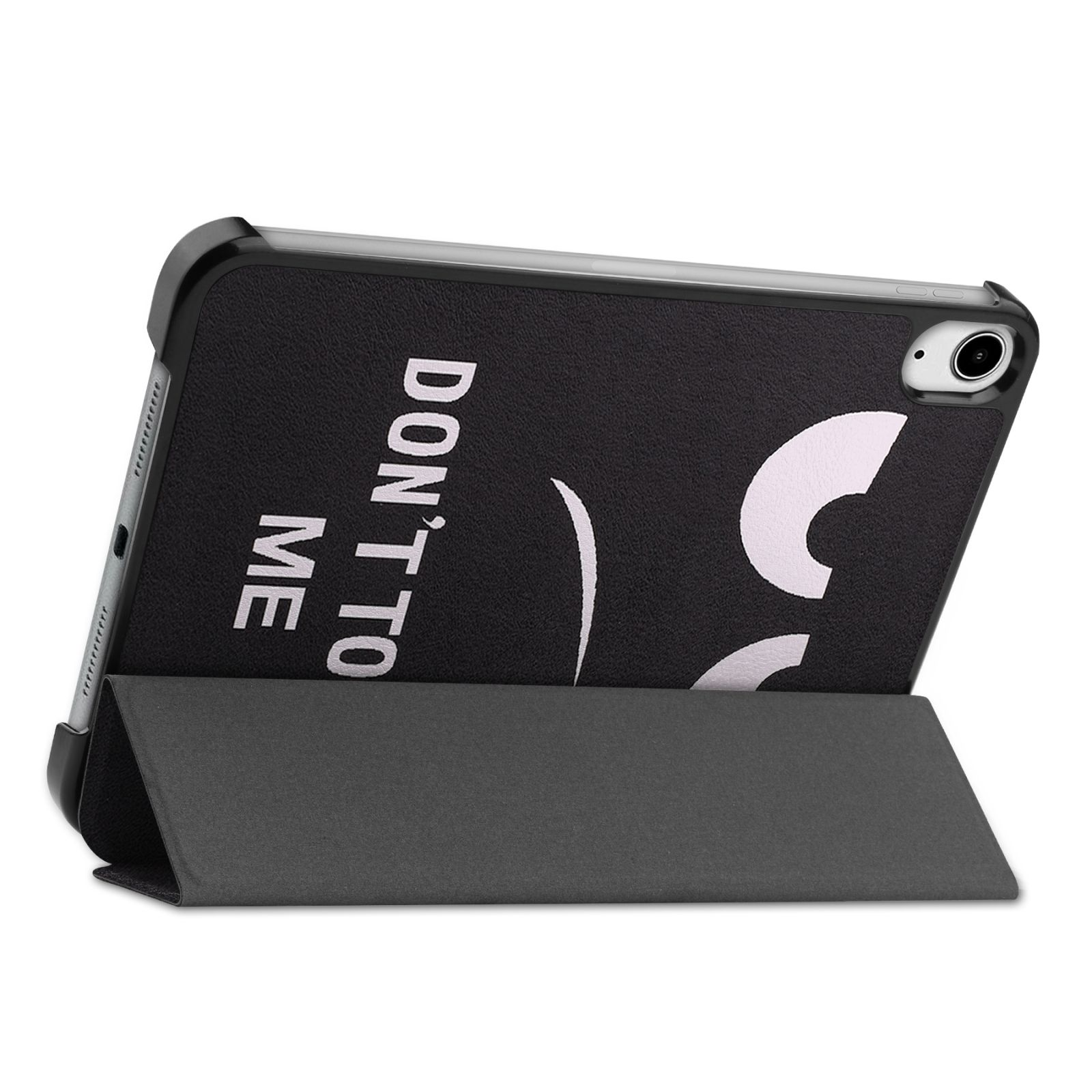 Schwarze Tablet-Hülle mit der Aufschrift "DON'T TOUCH ME" und einem lächelnden Gesicht. Die Hülle ist offen.
