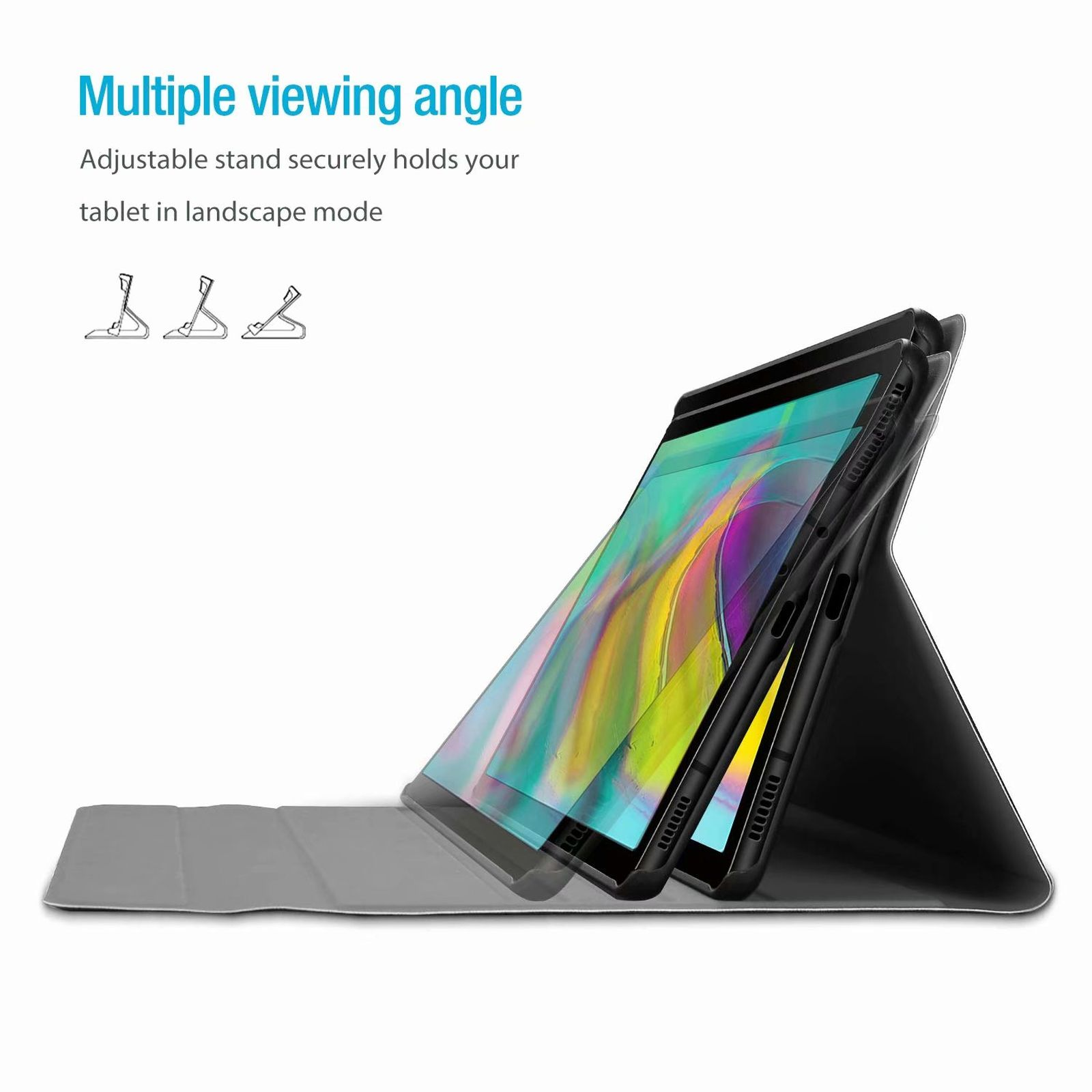 Tablet im Gehäuse mit mehreren Betrachtungswinkeln, weißer Hintergrund.