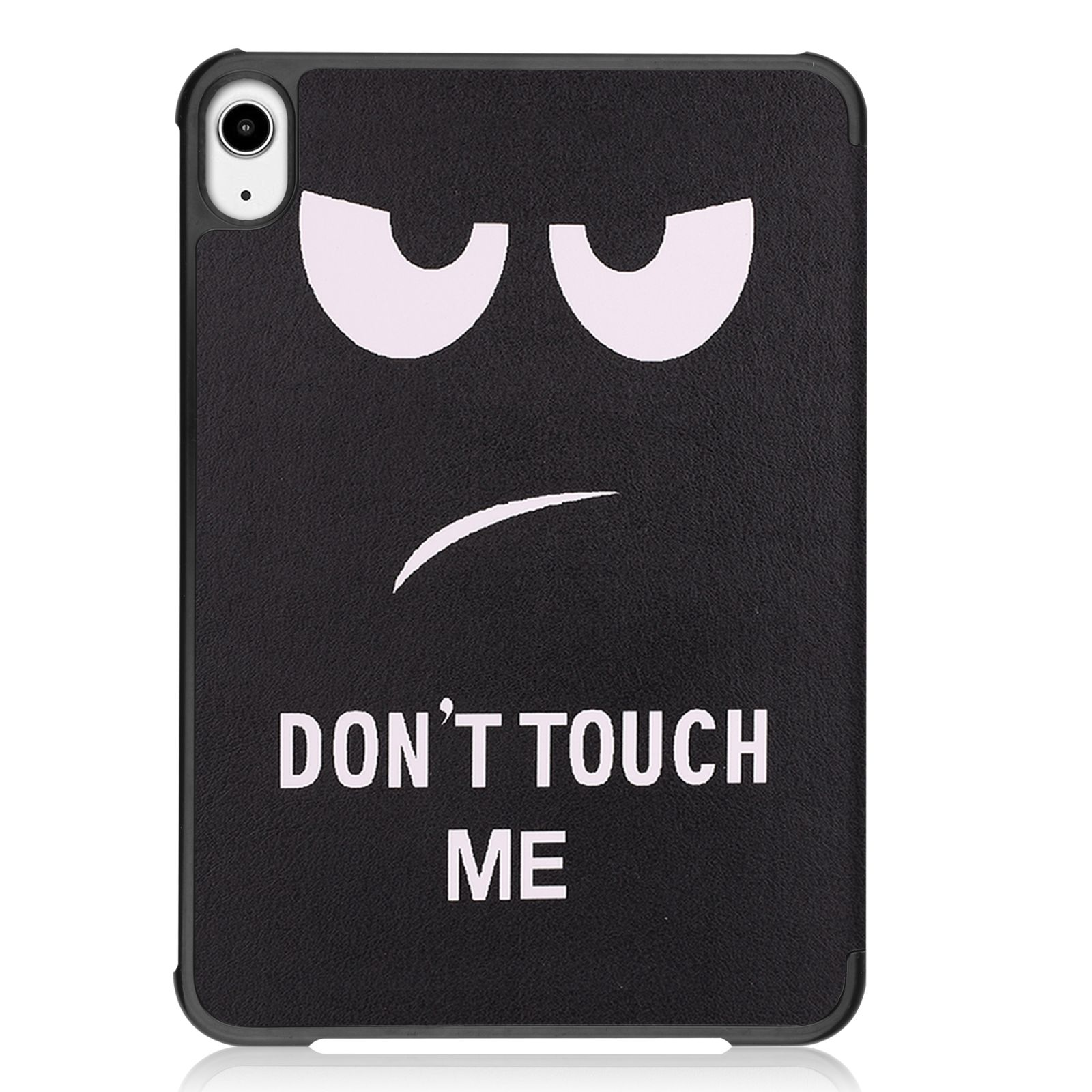 Eine schwarze iPad-Hülle mit einem Cartoon-Gesicht und den Worten 'DON'T TOUCH ME'.