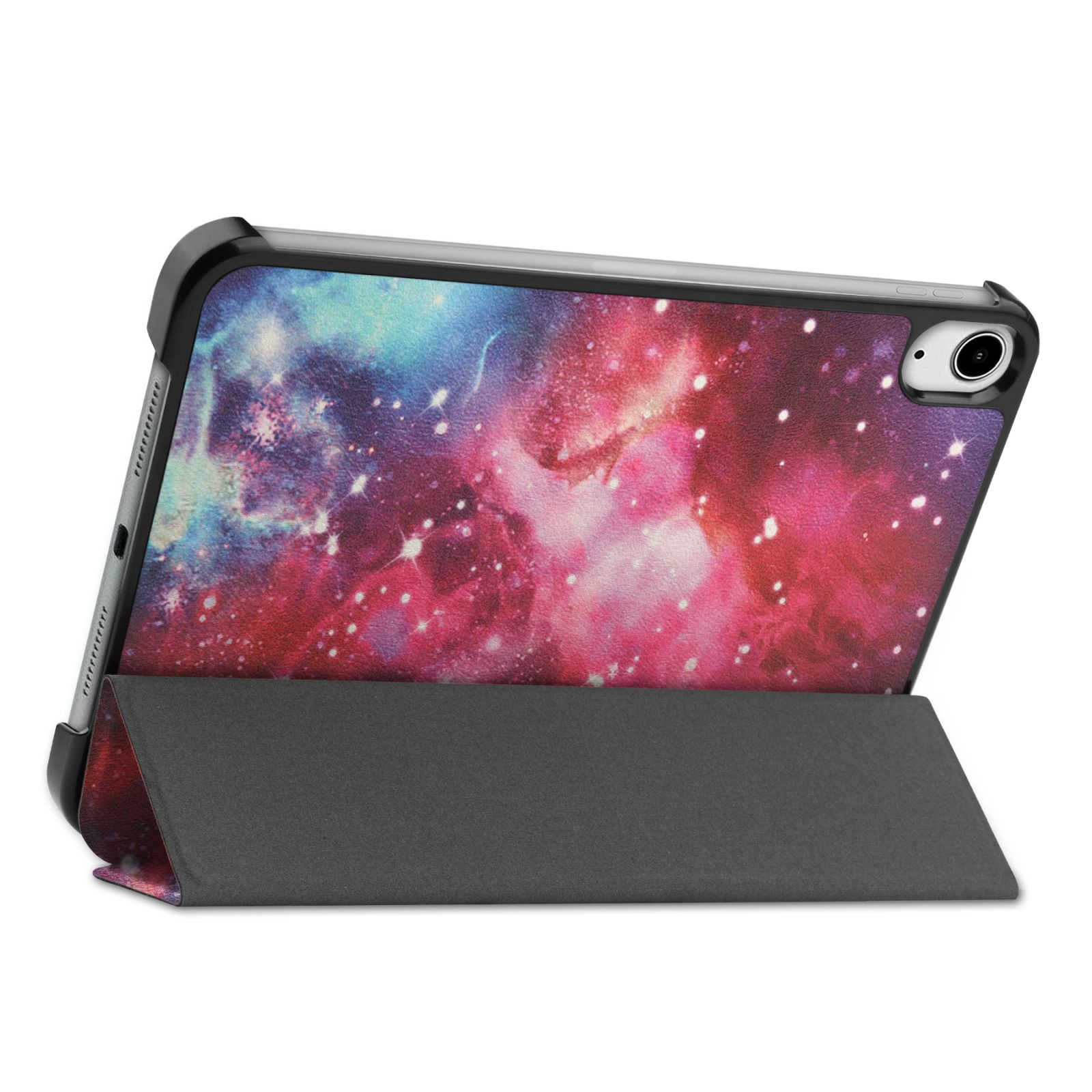 Tablet mit einer Hülle im Galaxy-Design, geöffnet, um den Bildschirm anzuzeigen.