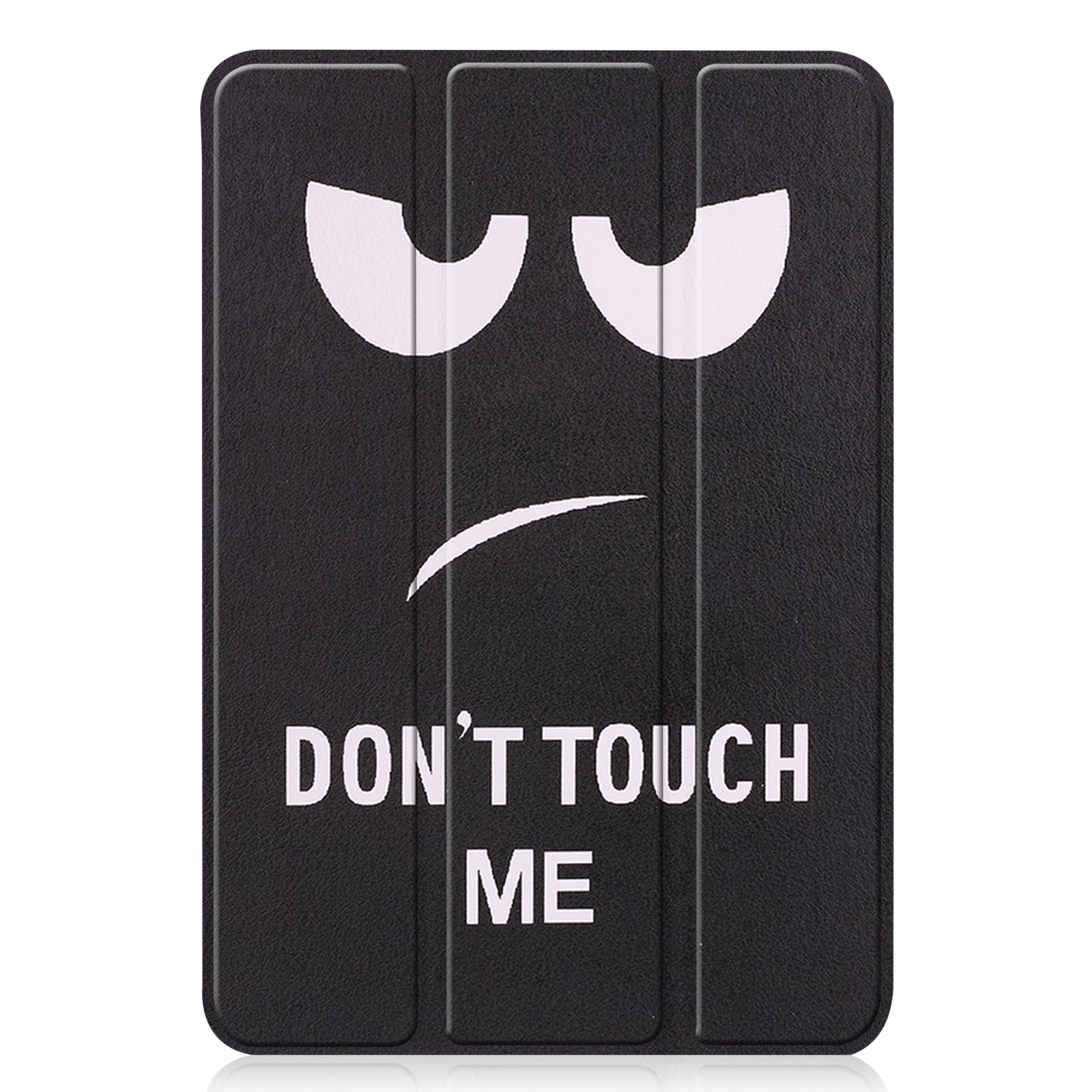 Schwarze Tablethülle mit weißem, mürrischem Gesicht und Text: DON'T TOUCH ME.