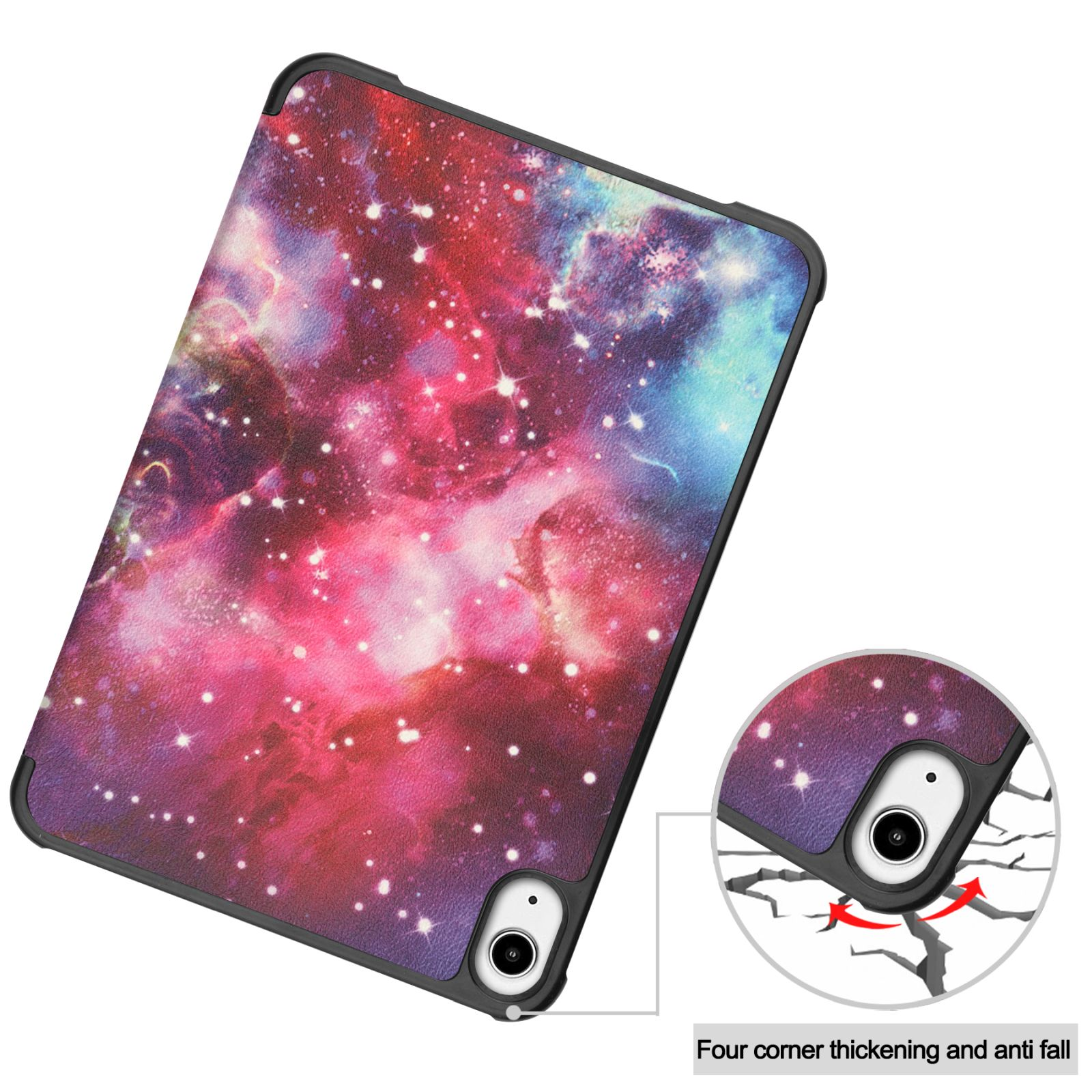 Tablethülle mit Galaxiedesign. Zeigt das Design der Hülle und eine Nahaufnahme der Ecke zum Schutz.