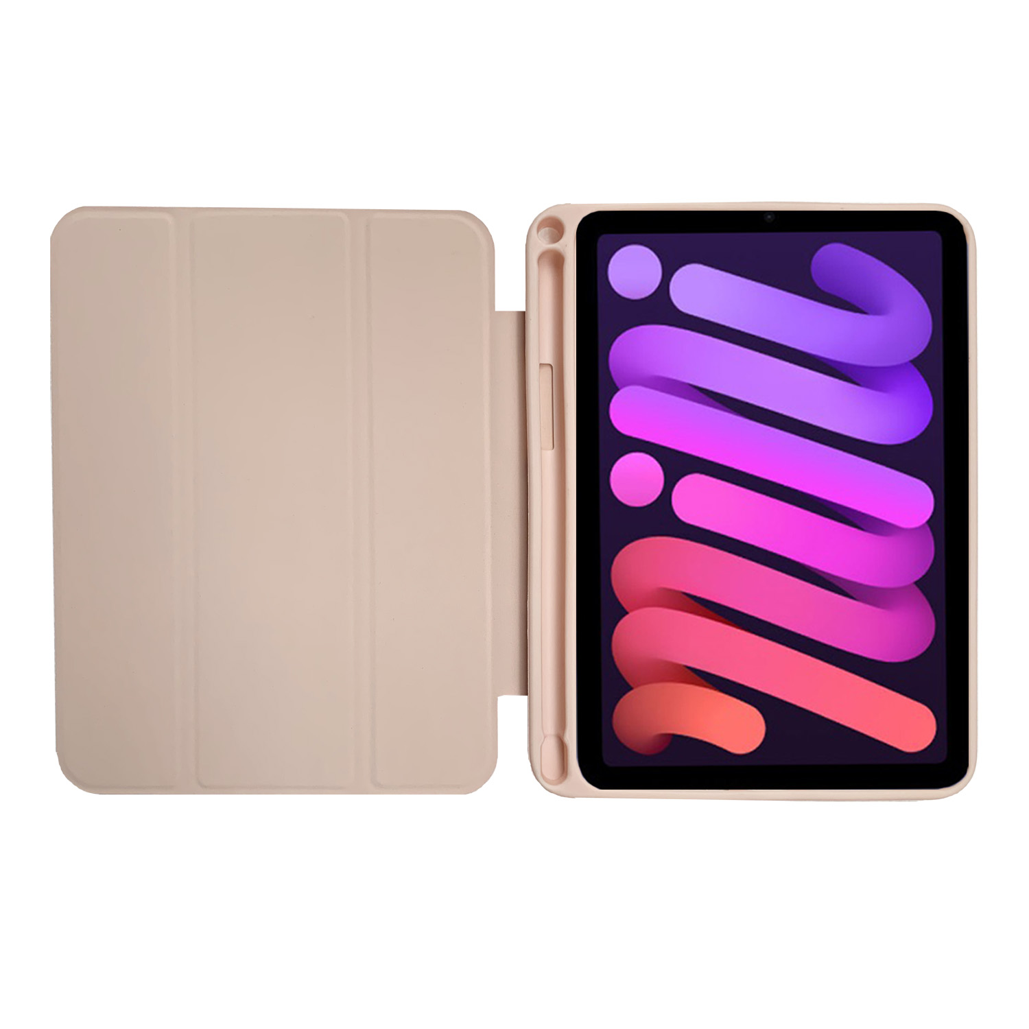 Tablet in beiger Hülle, offen. Tablet ist pink, und ein Stift ist befestigt. Beige Hülle links.