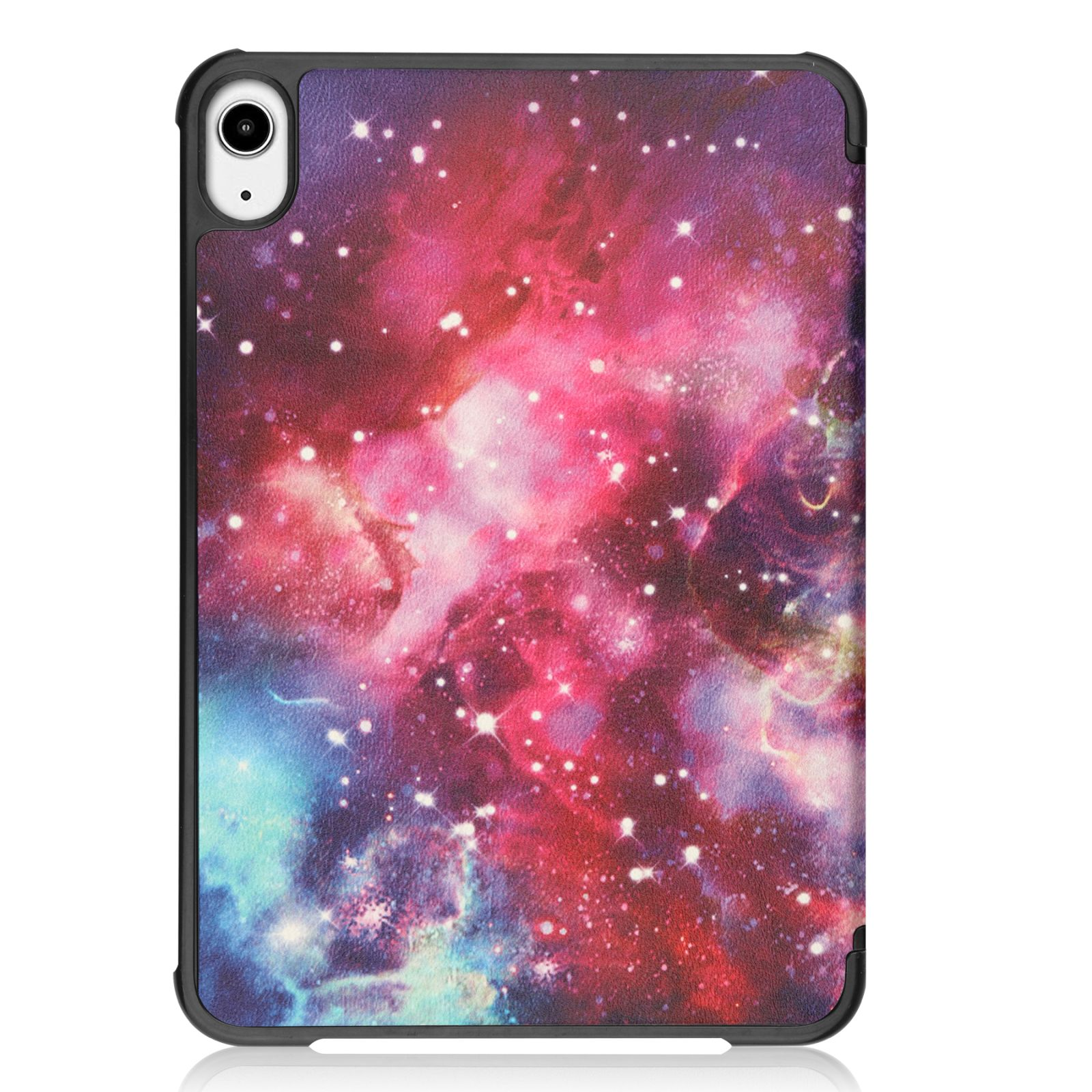 Eine Tablet-Hülle mit Galaxien-Design. Farben sind Rosa, Lila und Türkis. Die Hülle hat einen schwarzen Rand.