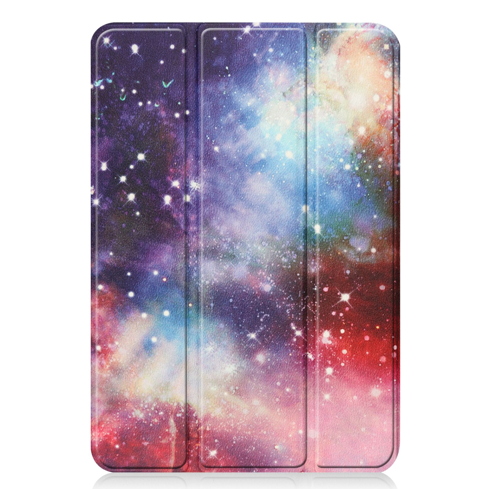Tablet-Hülle mit farbenfrohem Galaxie-Design, geschlossen, auf weißem Hintergrund.