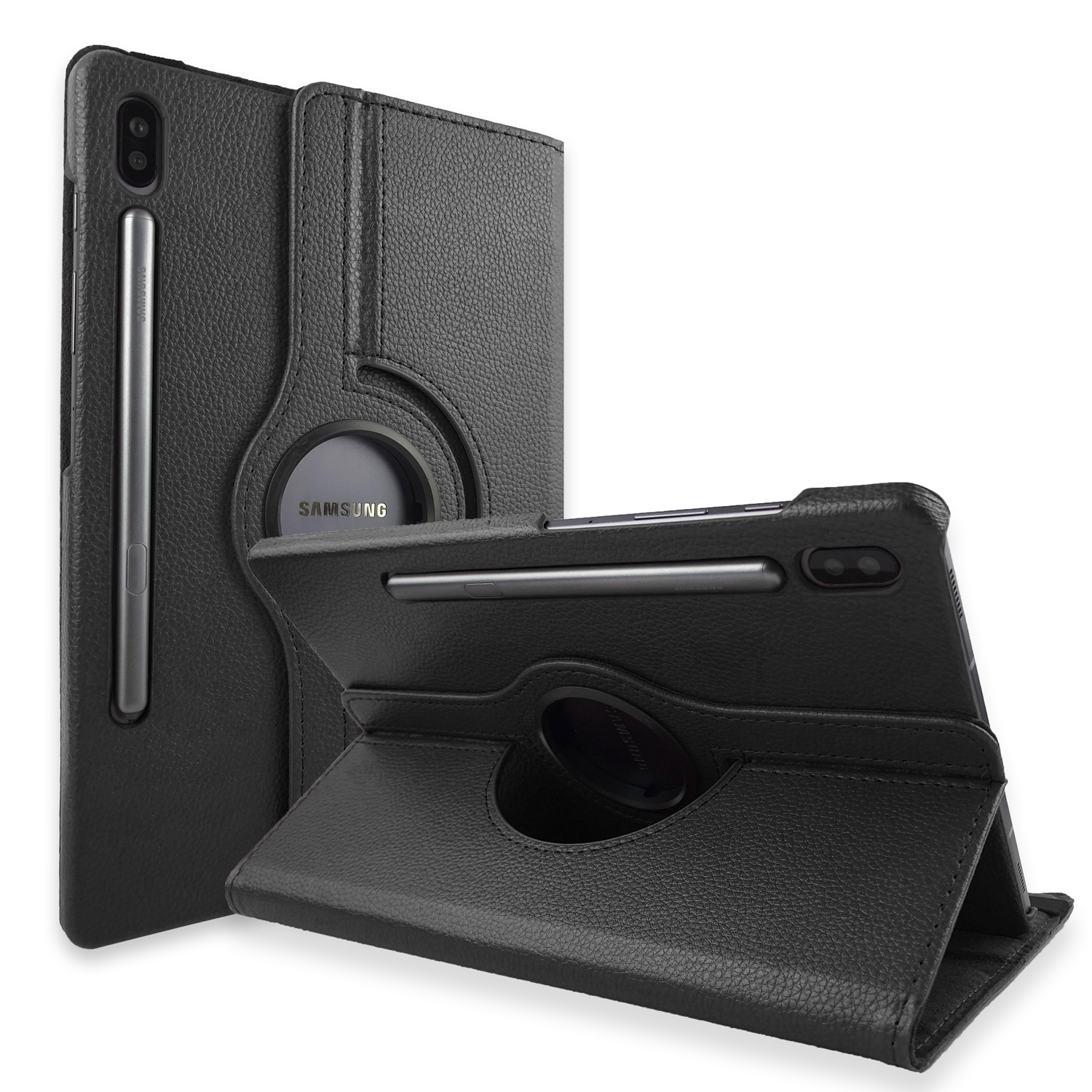 Schwarze Leder-Tablethülle mit Stift. Zwei Ansichten: geschlossen und offen mit Stift.