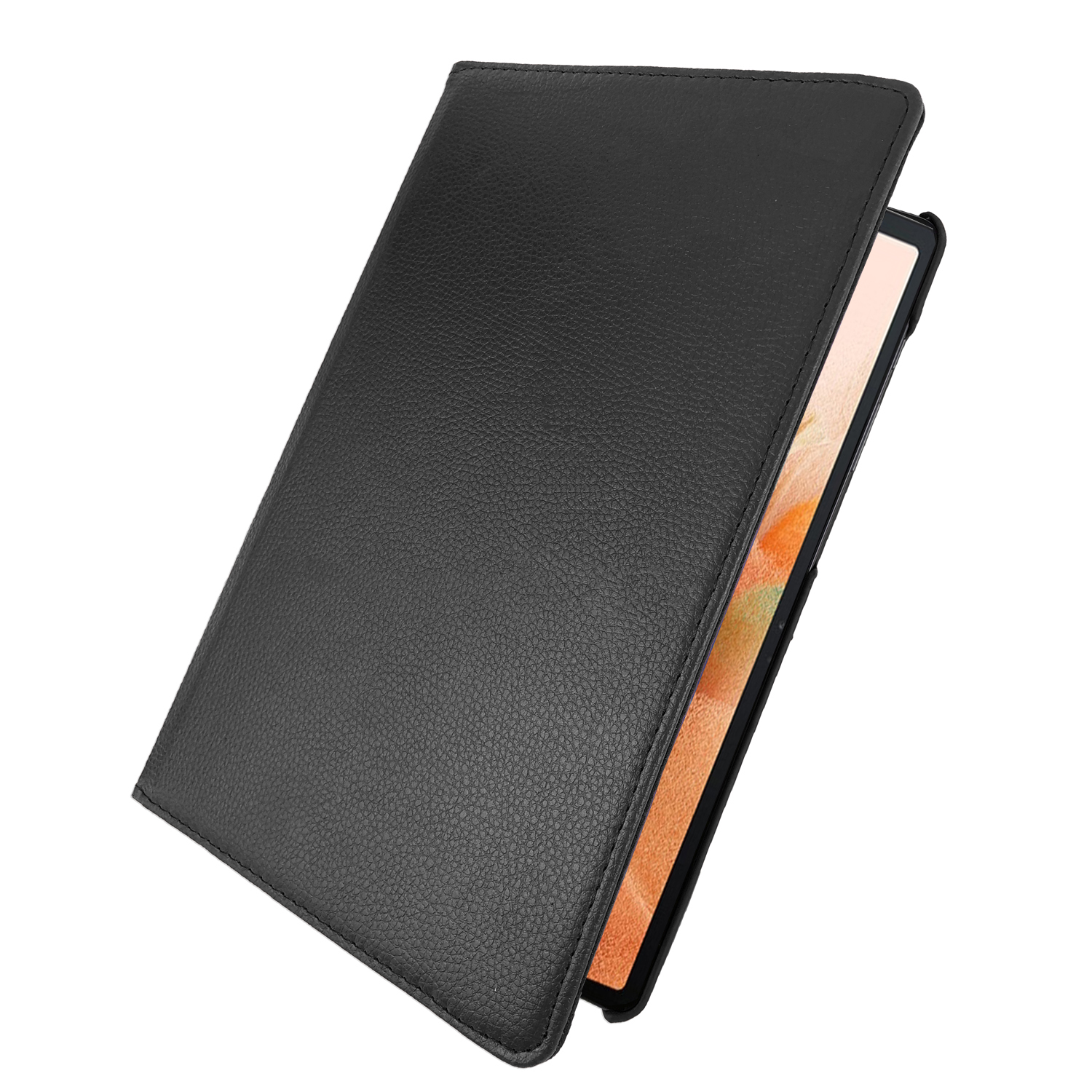 Tablet in schwarzer, geschlossener Hülle. Die Abdeckung ist schwarz und hat eine Lederstruktur.