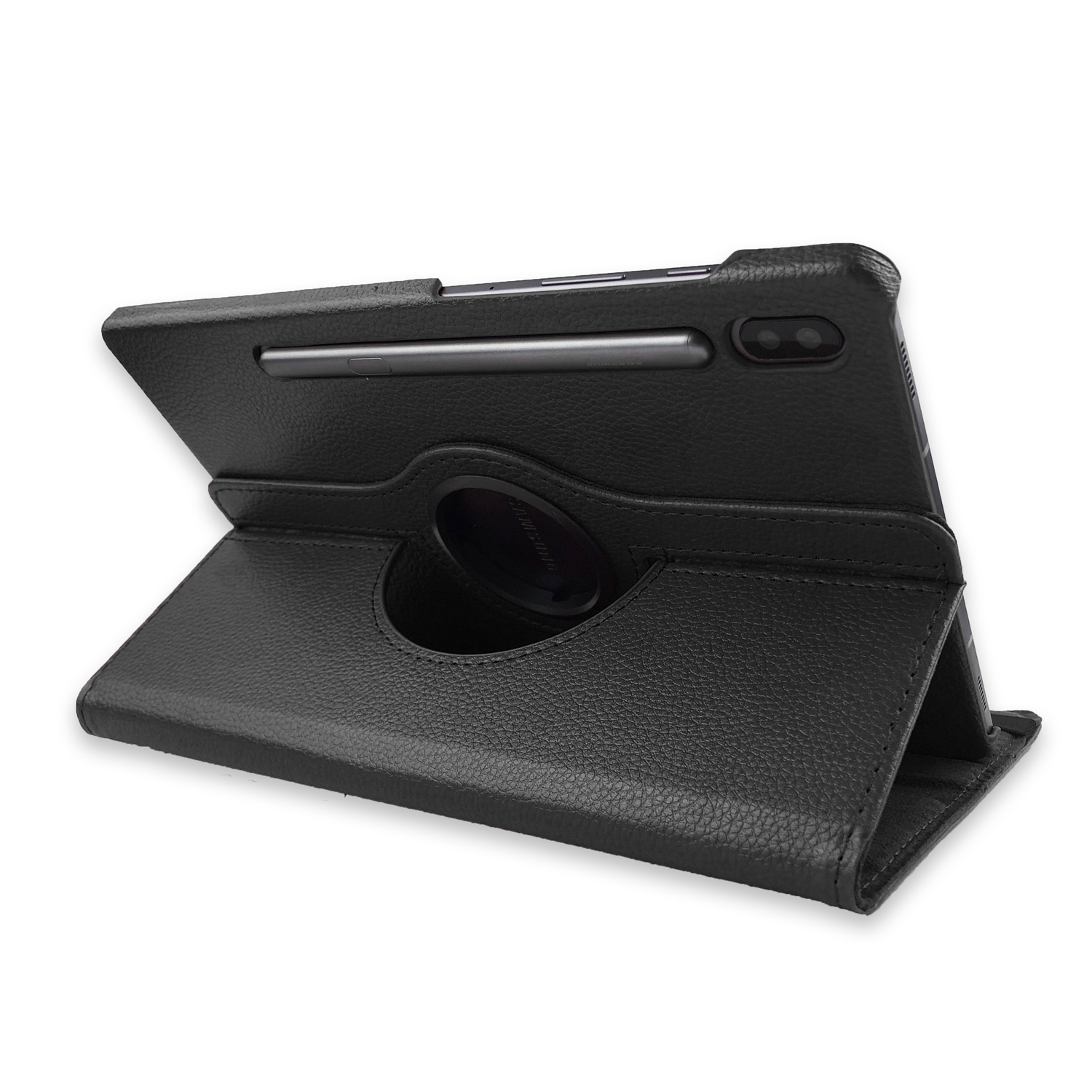 Schwarze Tablet-Hülle, abgewinkelt, um ein Tablet mit Stift zu zeigen. Hülle ist offen.