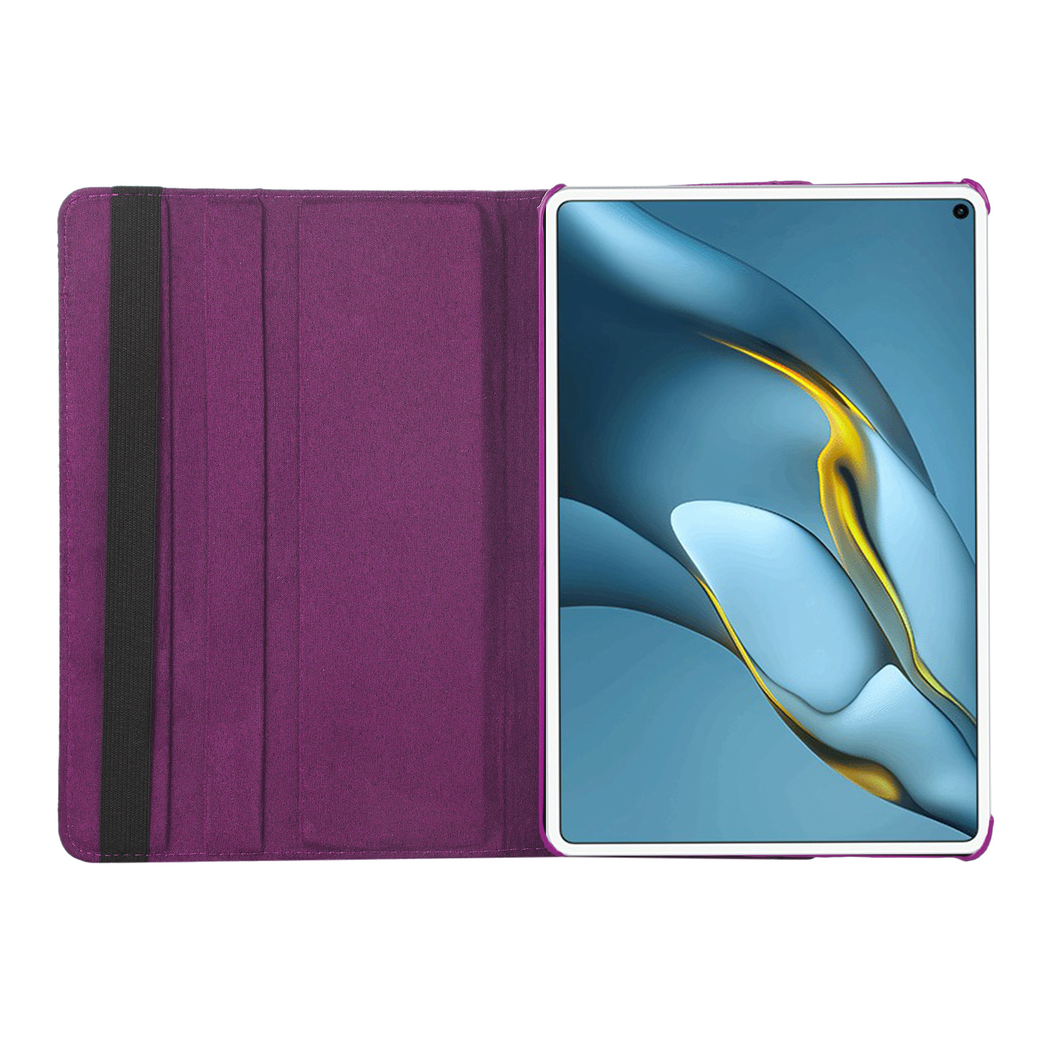 Eine lila Tablethülle geöffnet, zeigt einen Tablet-Bildschirm. Die Hülle hat einen elastischen Riemen.