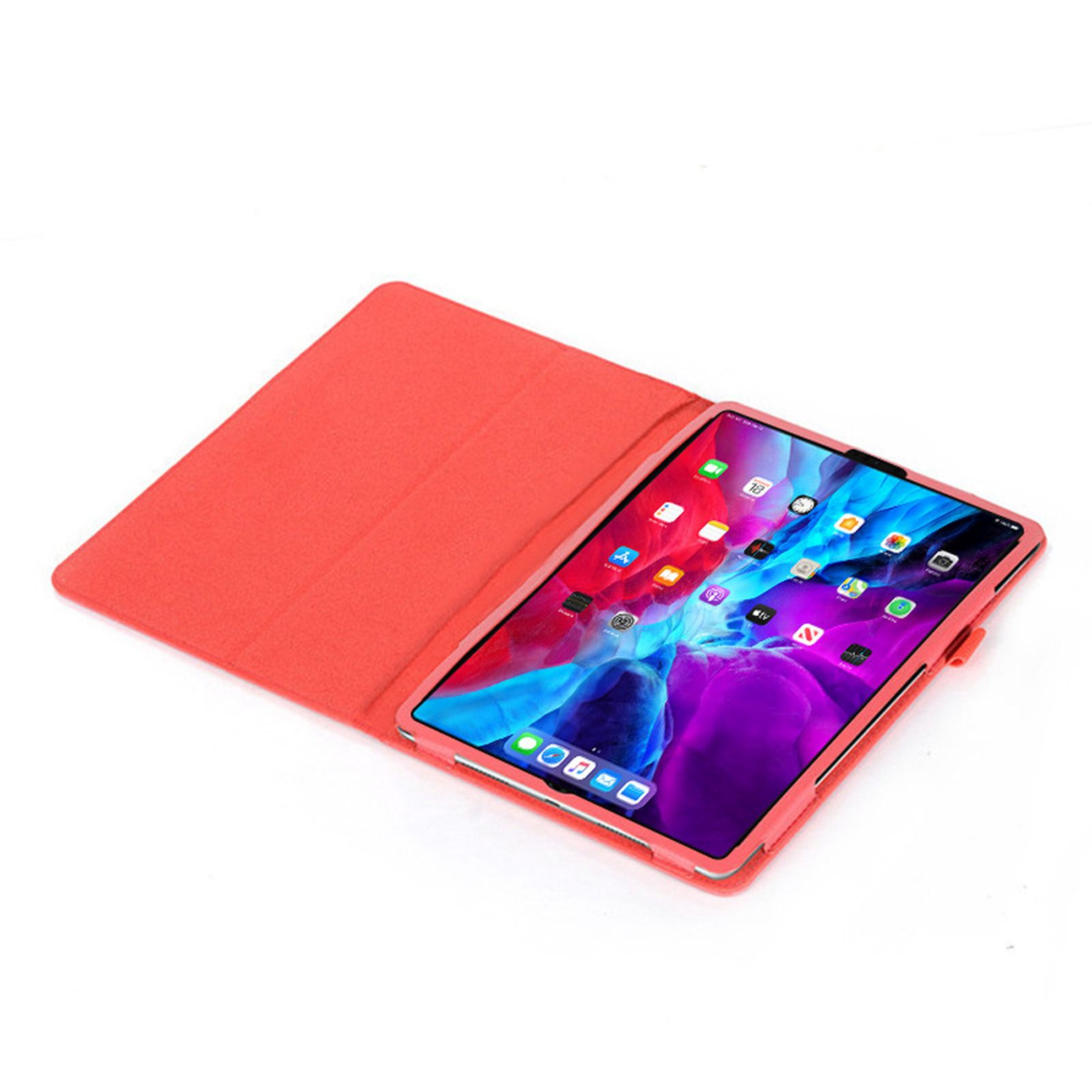 Tablet in einem offenen korallenfarbenen Etui. Der Bildschirm zeigt bunte App-Symbole.