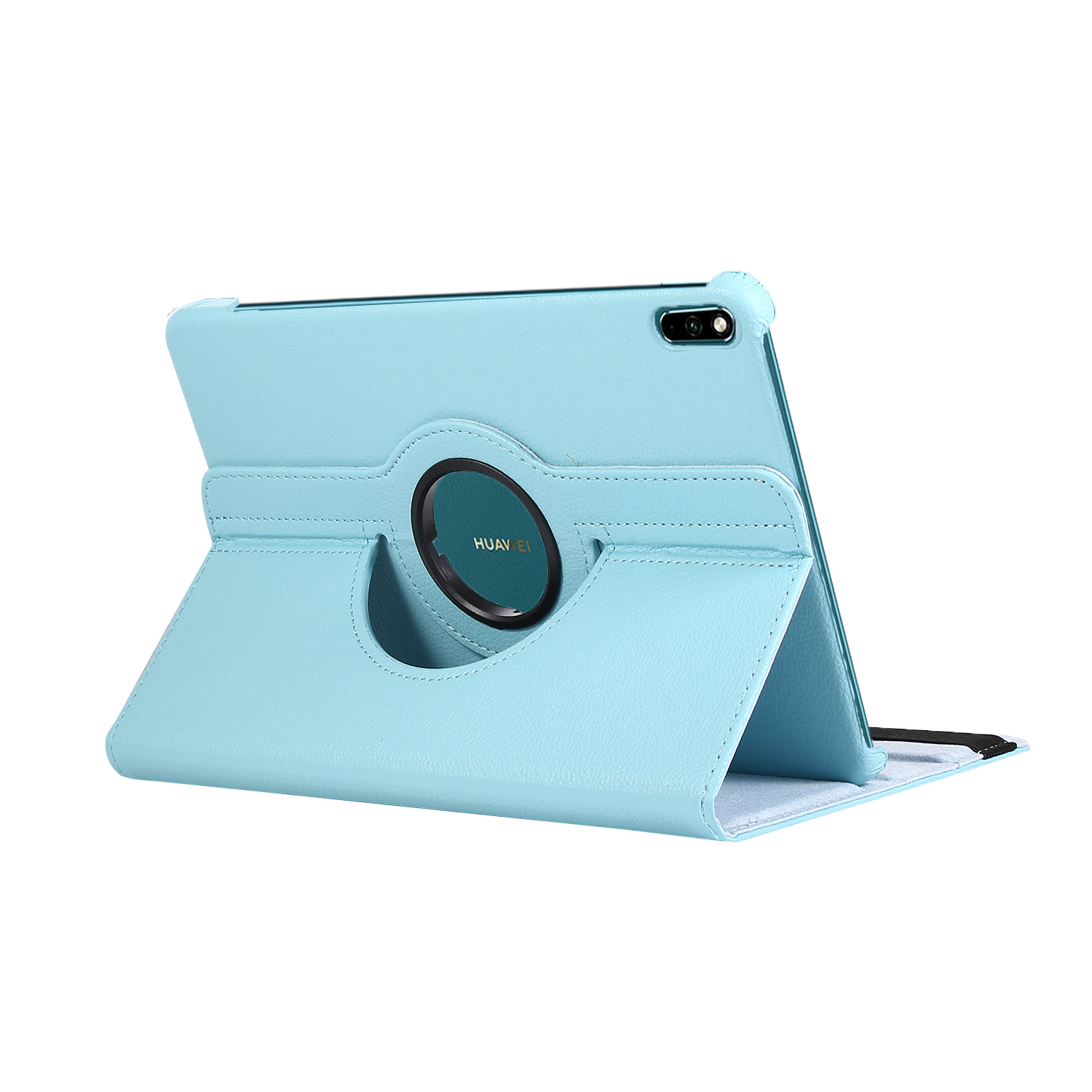 Eine hellblaue Tablet-Hülle mit drehbarem Ständer, offen, und einem kreisförmigen Ring auf der Rückseite.