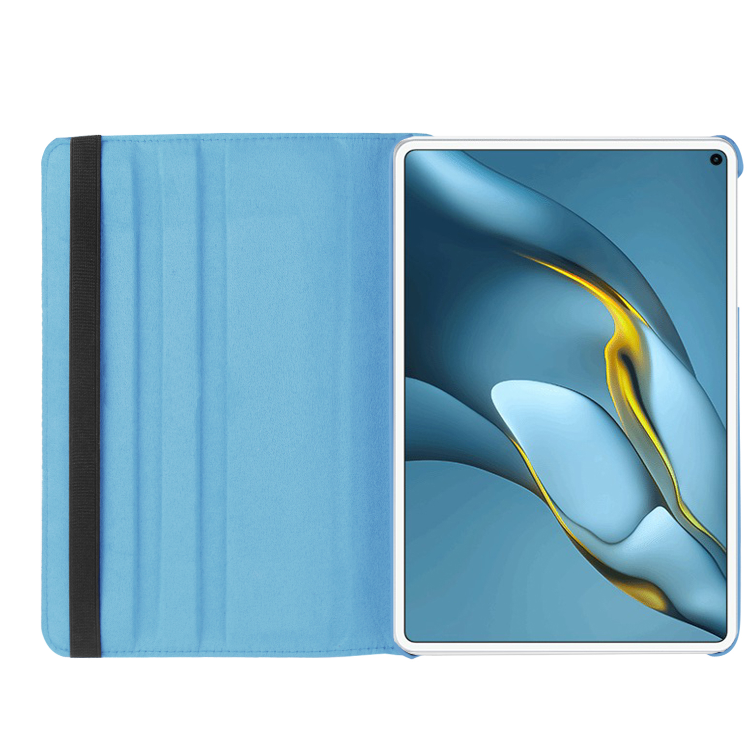 Blaue Tablethülle offen, Tablet sichtbar. Schwarzer Riemen hält die Abdeckung. Weißer Hintergrund.