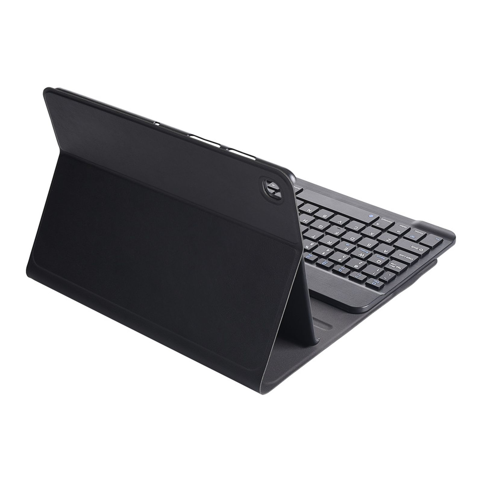 Tablet mit Tastaturhülle. Die Tastatur ist am Tablet befestigt. Die Hülle ist schwarz.