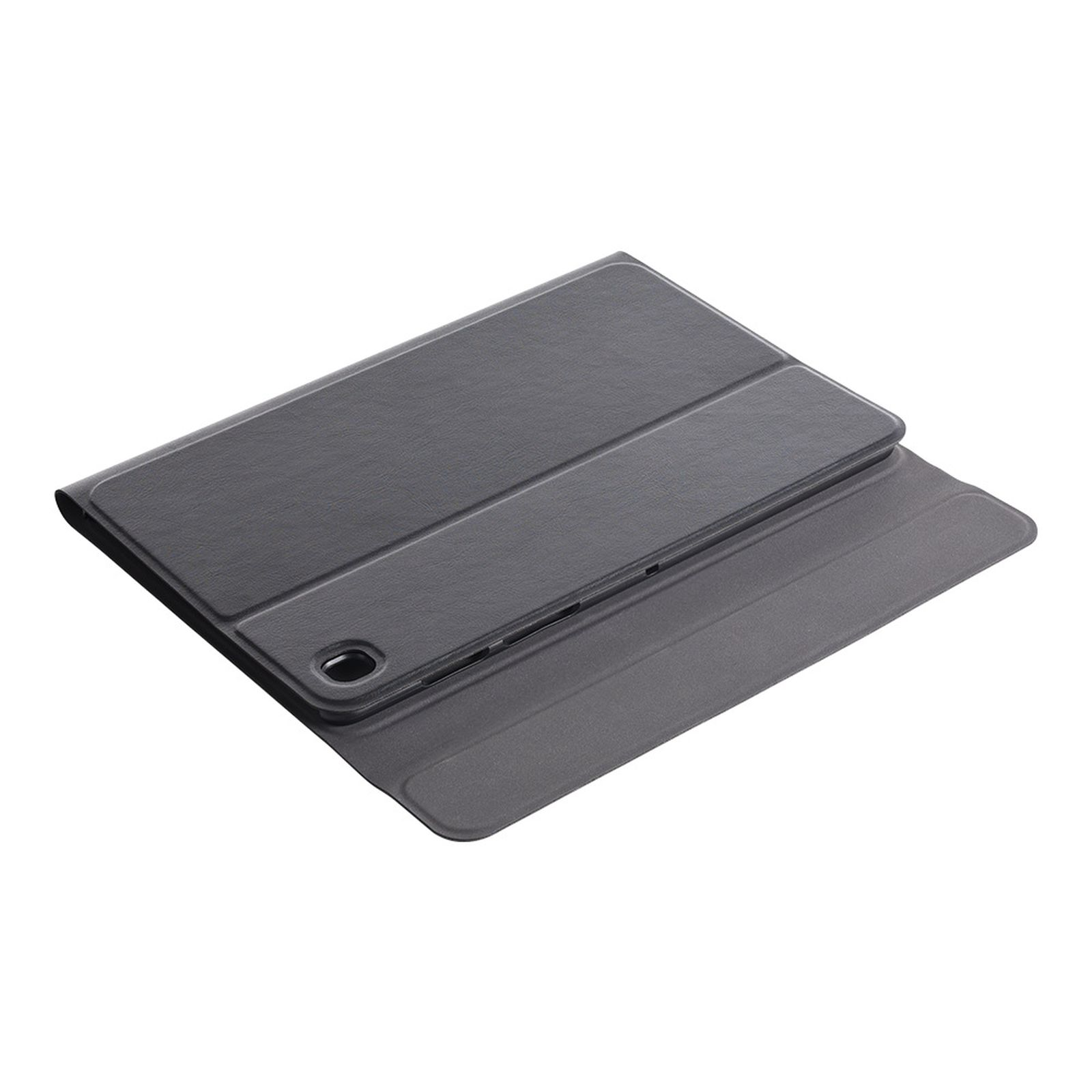 Graue Tablet-Hülle. Die Hülle ist geöffnet. Das Tablet ist darin. Die Oberfläche ist strukturiert.